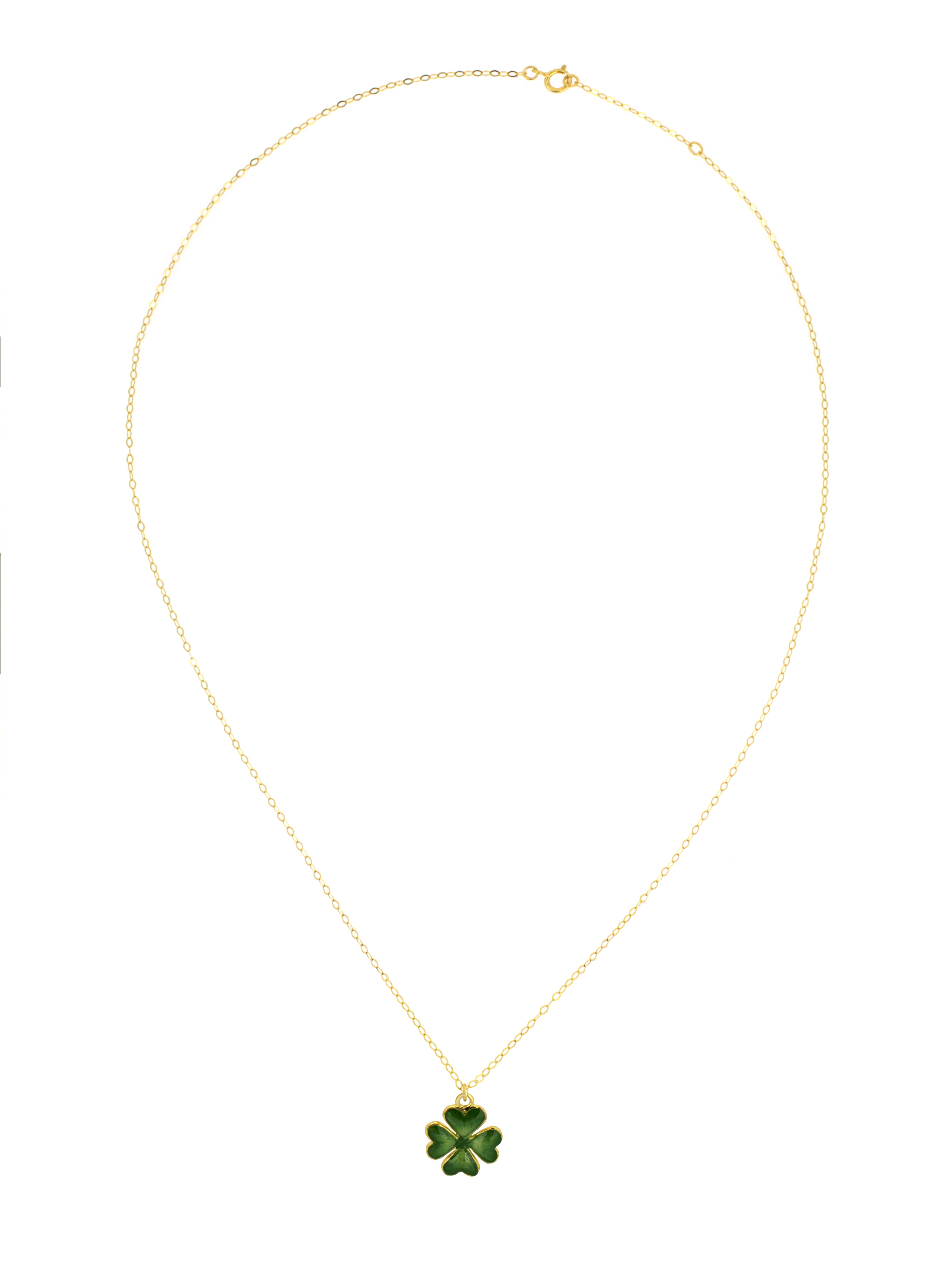 A gold necklace featuring a green four-leaf clover pendant, symbolizing luck and good fortune.