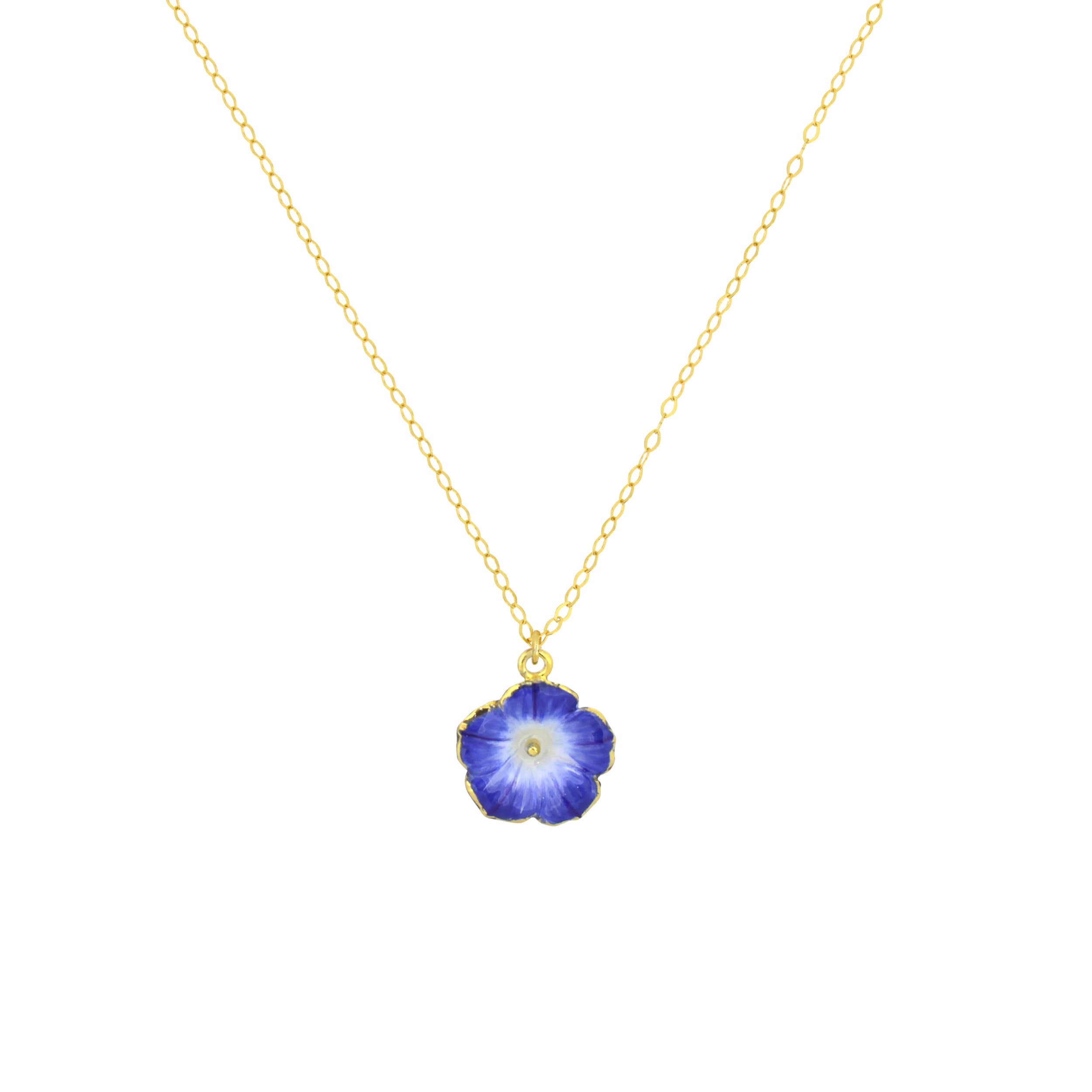 Gold necklace with blue floral designs charm