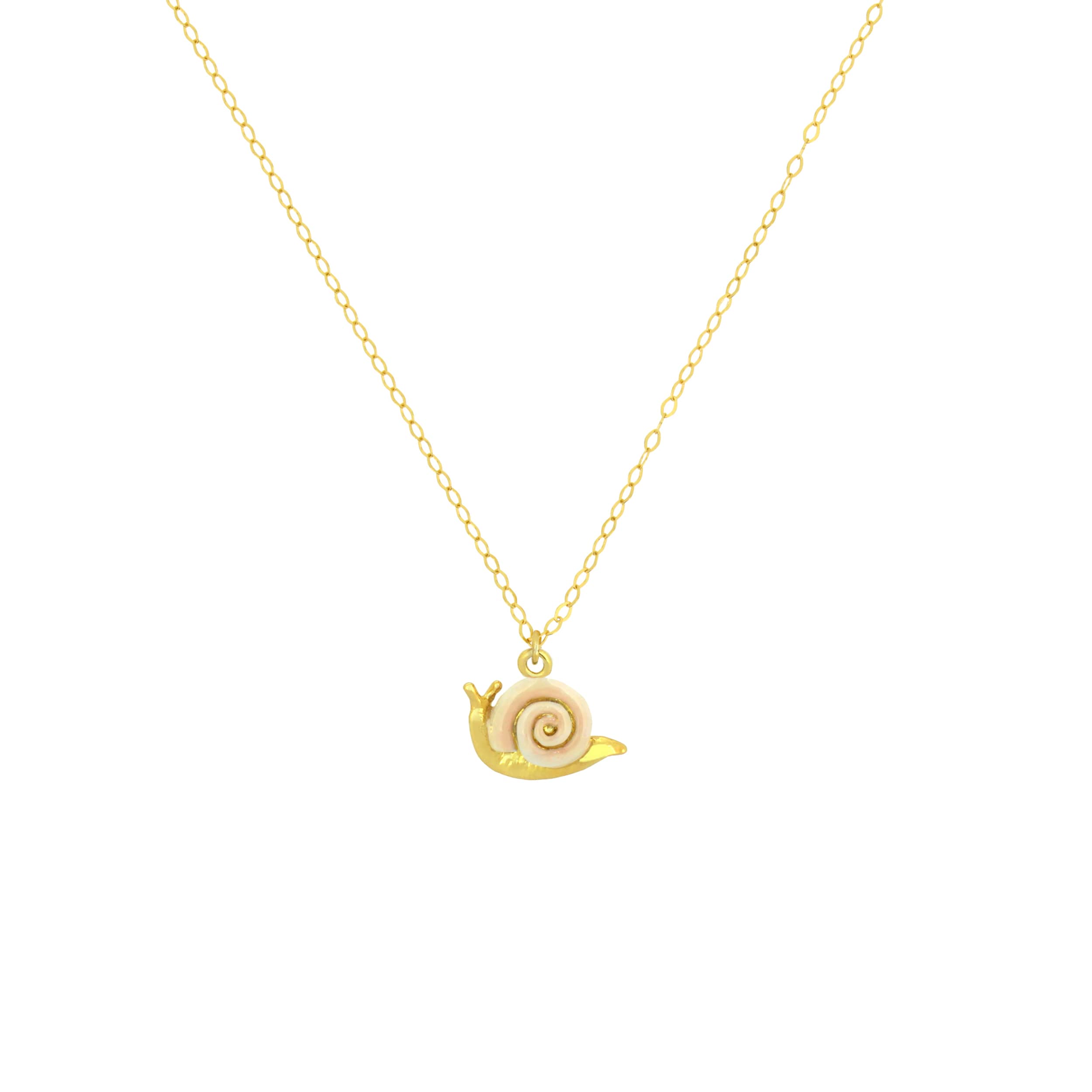 Beautiful gold snail pendant on a delicate chain necklace.