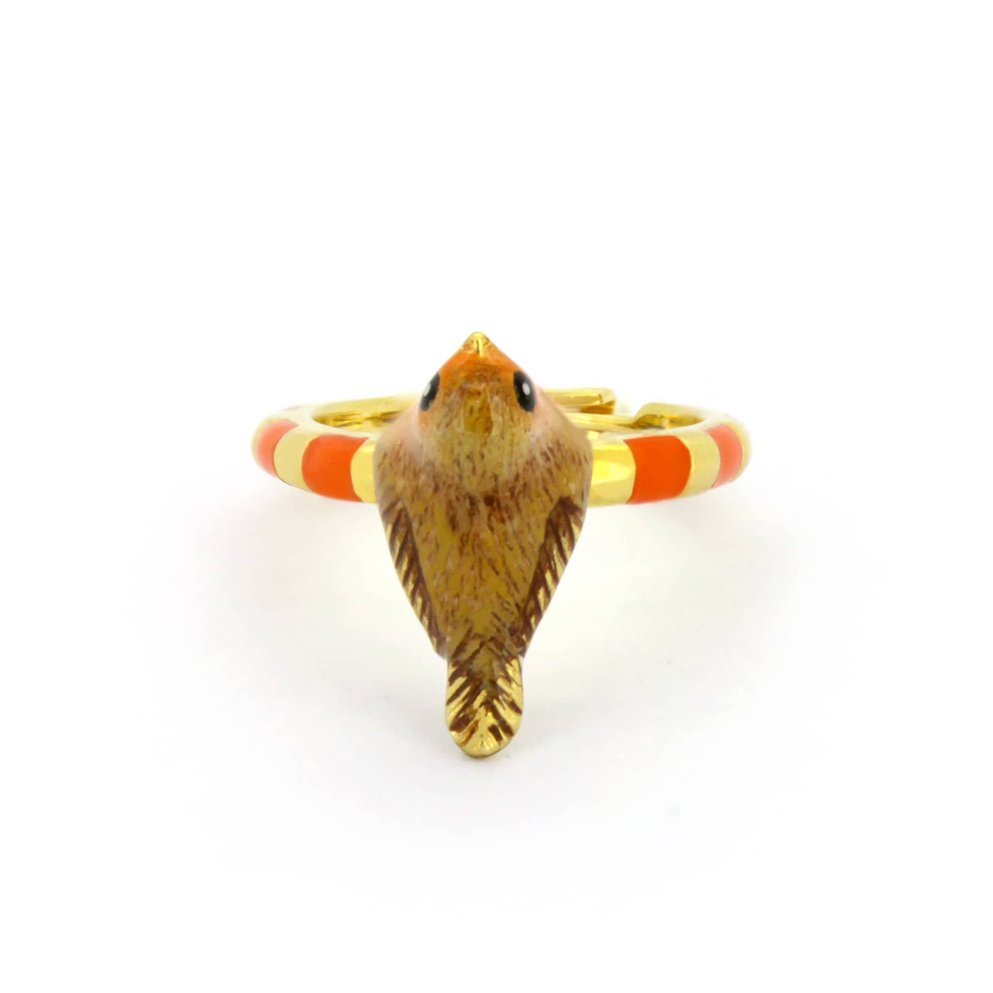 A nature-inspired ring featuring a bird and a playful striped design.