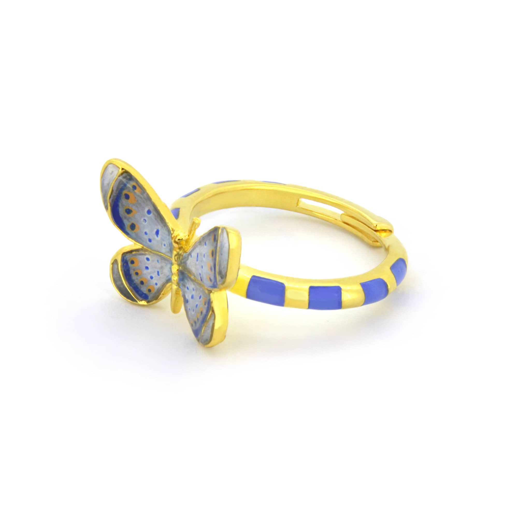 Stunning ring featuring a butterfly design a butterfly design in blue and gold.