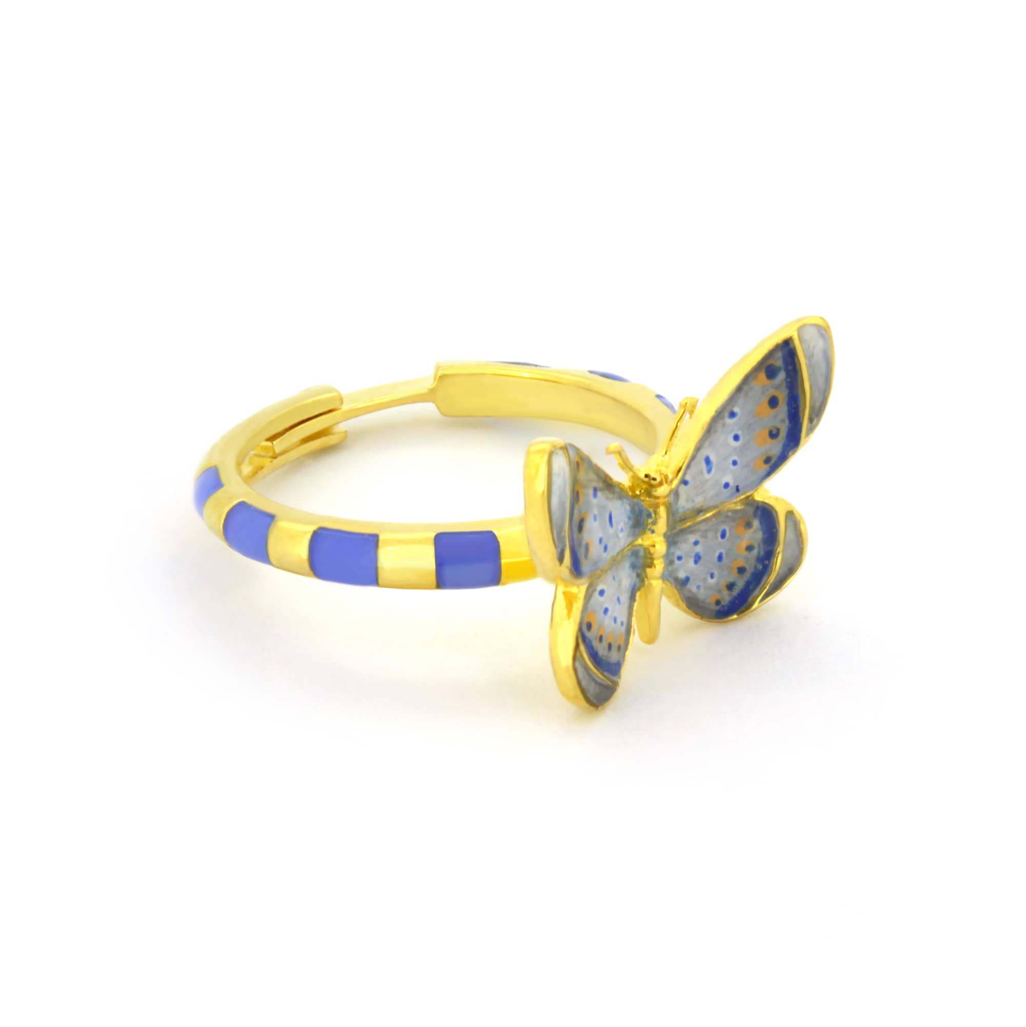 Stunning ring featuring a butterfly design a butterfly design in blue and gold.