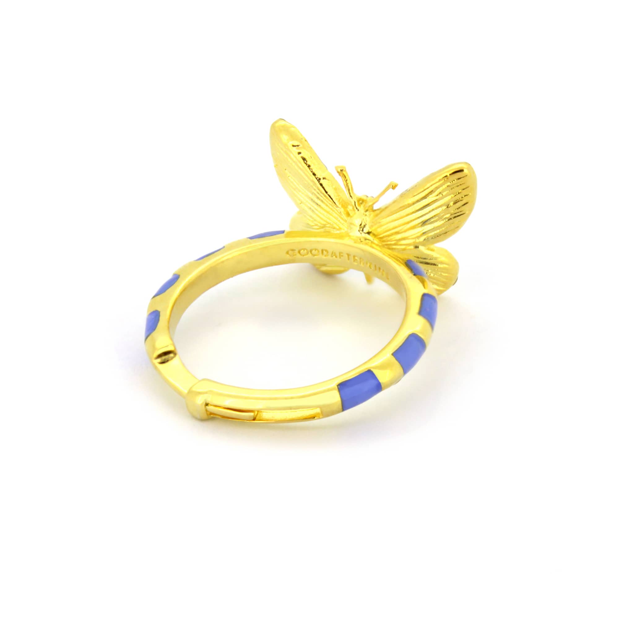 Stunning ring featuring a butterfly design a butterfly design in blue and gold.