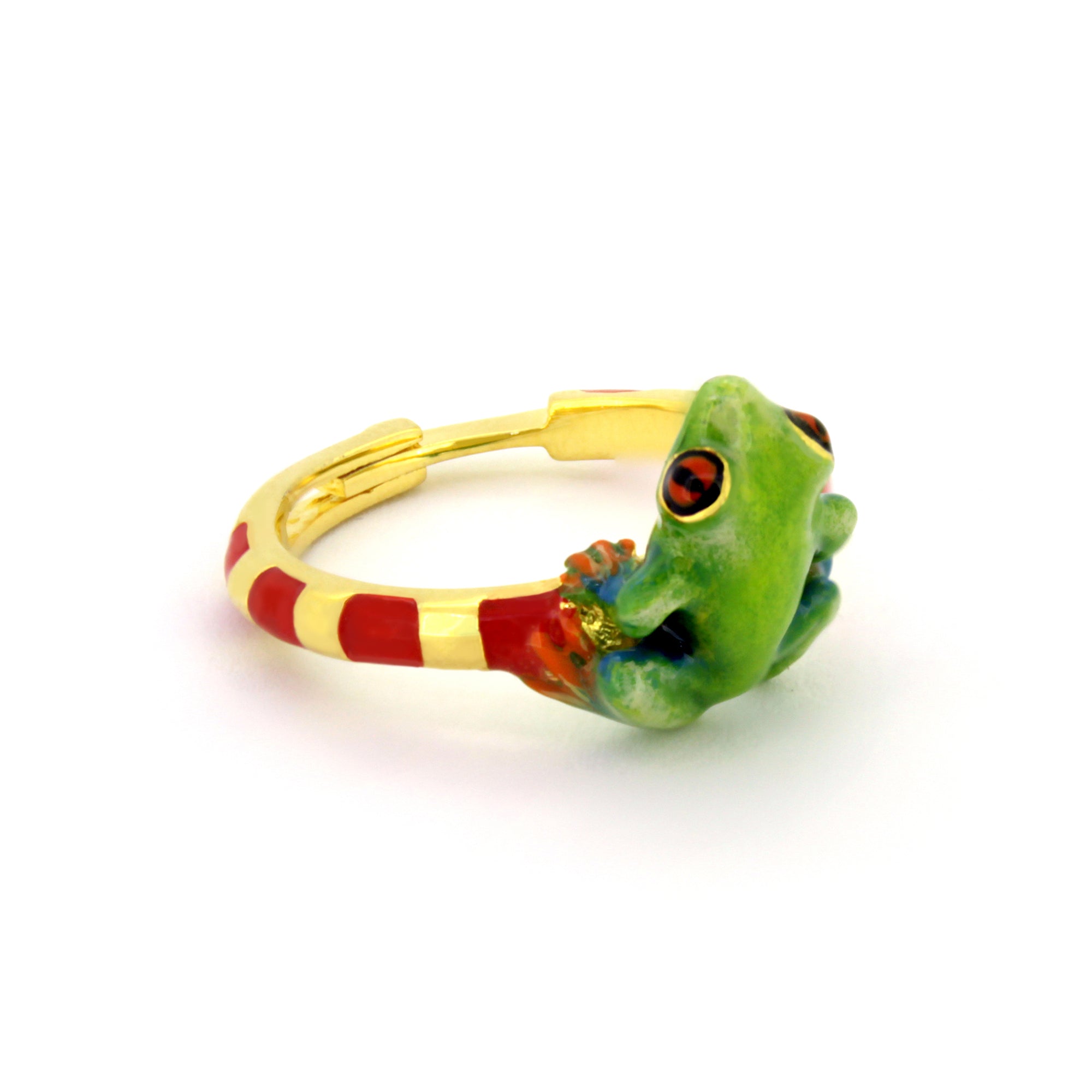 Playful frog ring designed in gold with a red striped pattern.