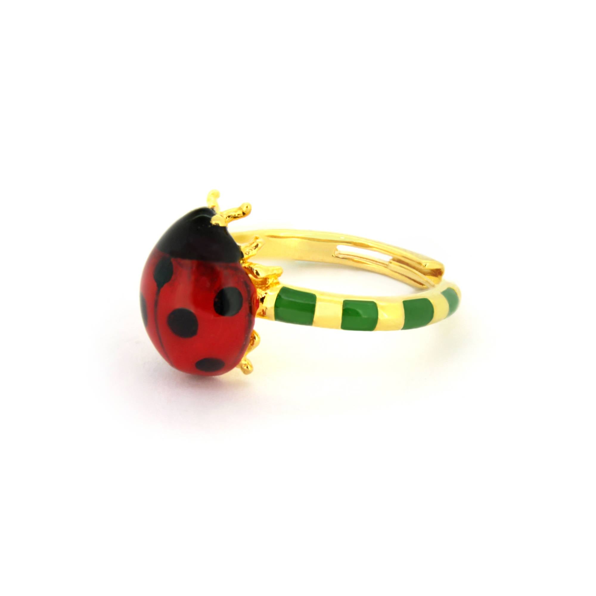 Gold ring featuring a vibrant ladybug design with red and black enamel detailing, perfect unique jewelry collections.