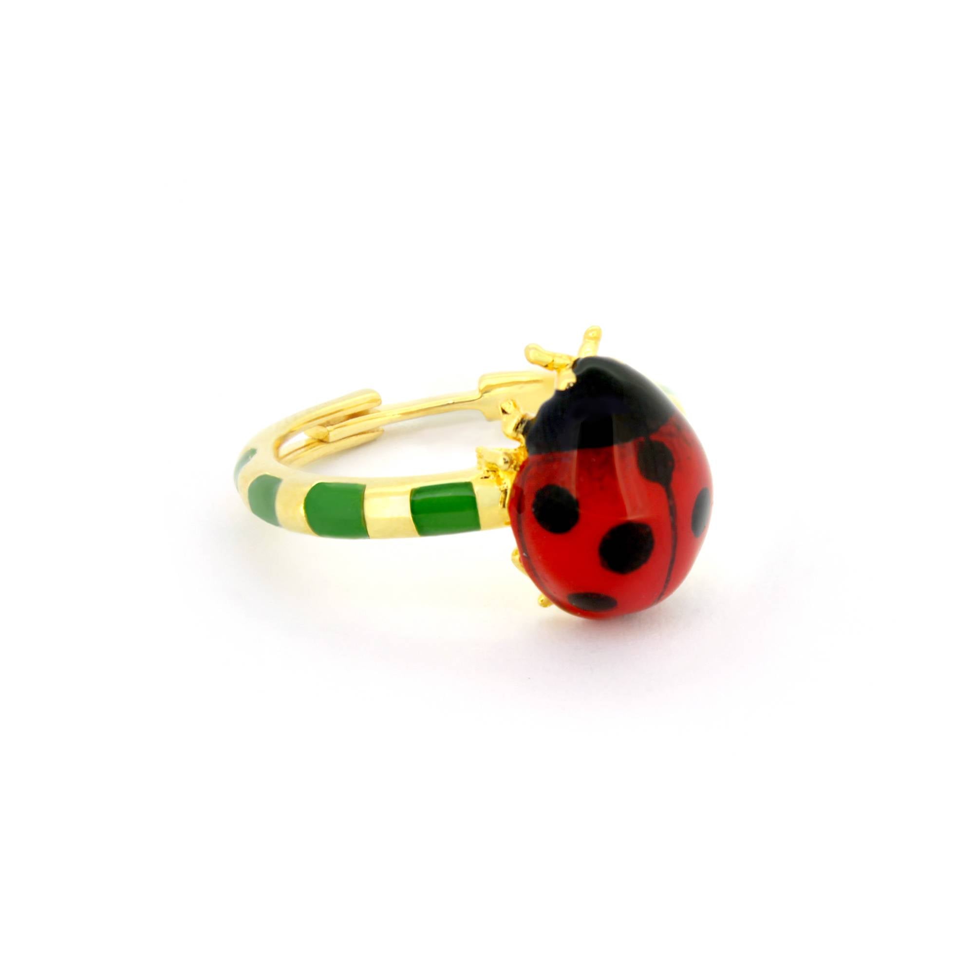 Nature-inspired ring featuring a vibrant ladybug design with red and black enamel detailing, perfect for summer fashion.