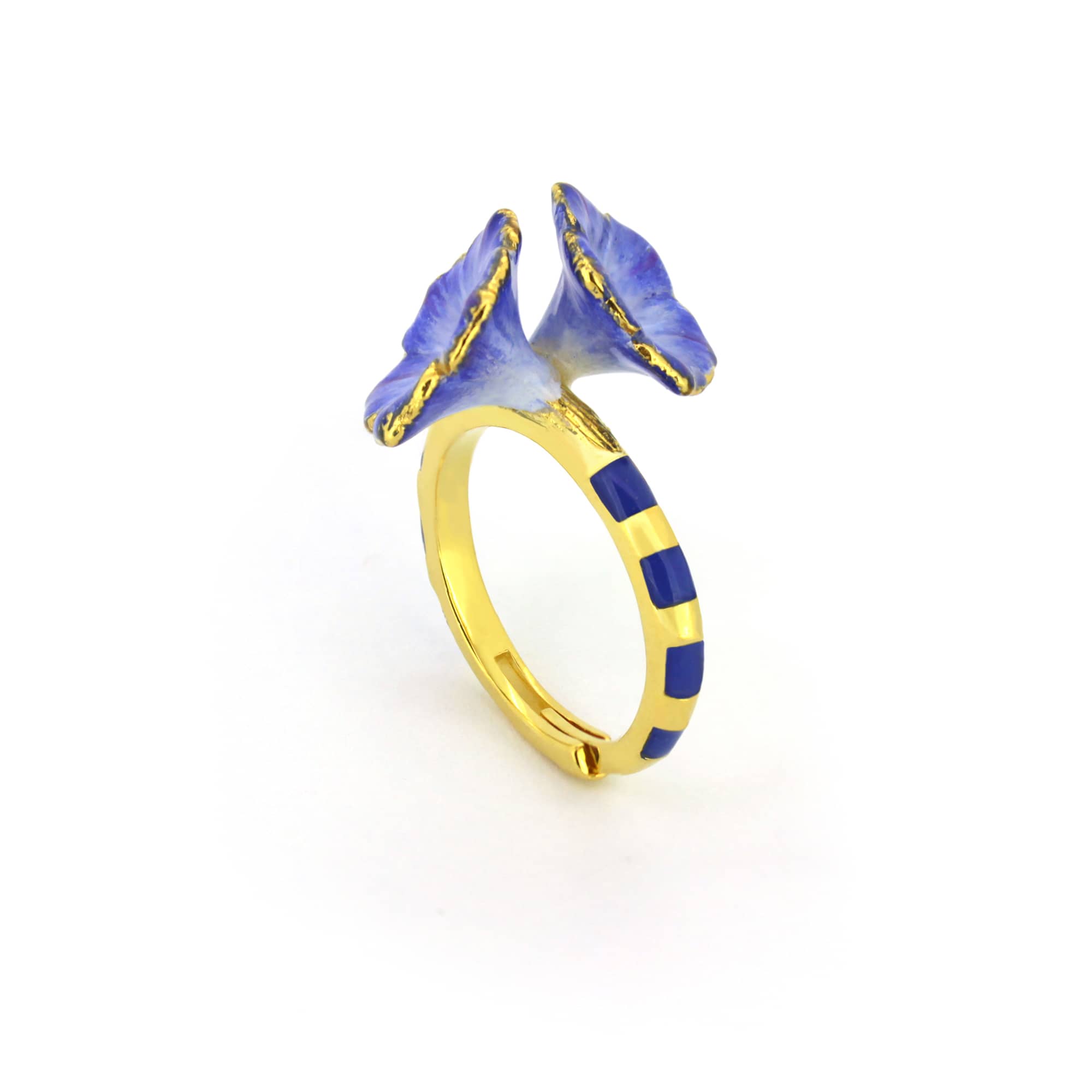 Gold ring featuring blue flower details with a striped band.