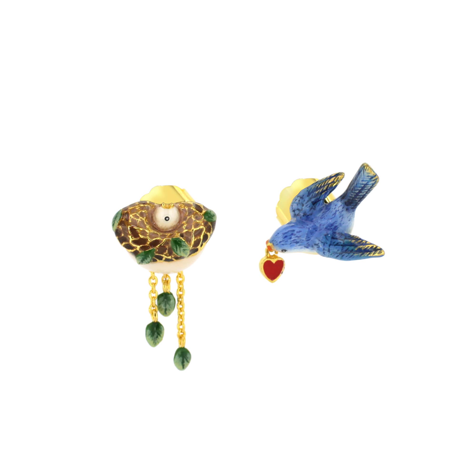 Colorful earrings featuring a bird, leaf and a nest designs, with gold accents and dangling elements.