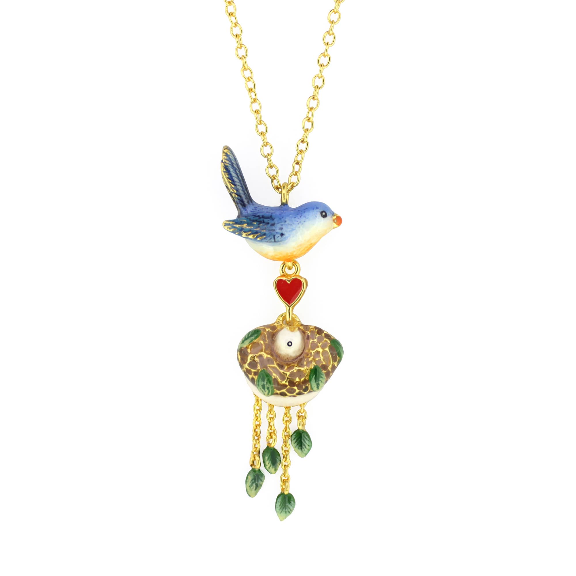 Colorful bird pendant necklace with a heart and nest charm.