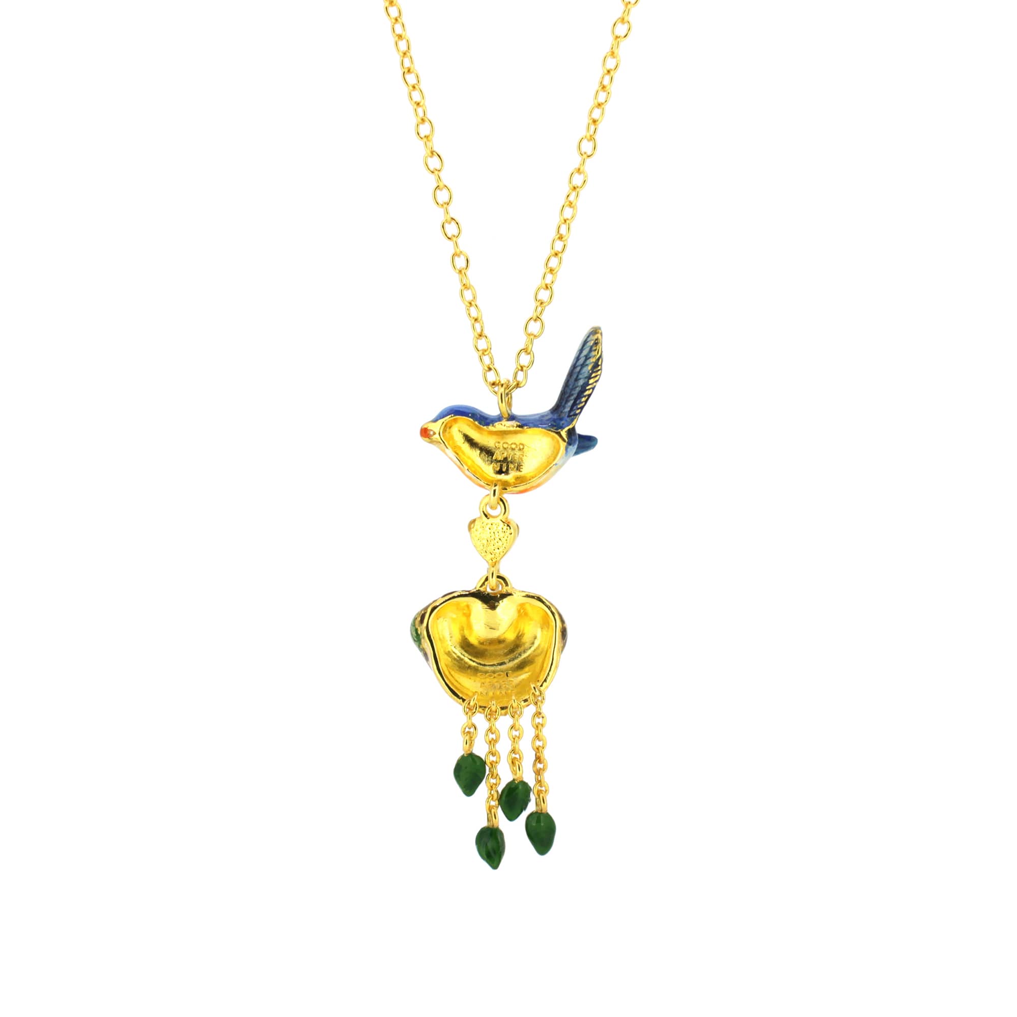 Colorful bird pendant necklace with a heart and nest charm.