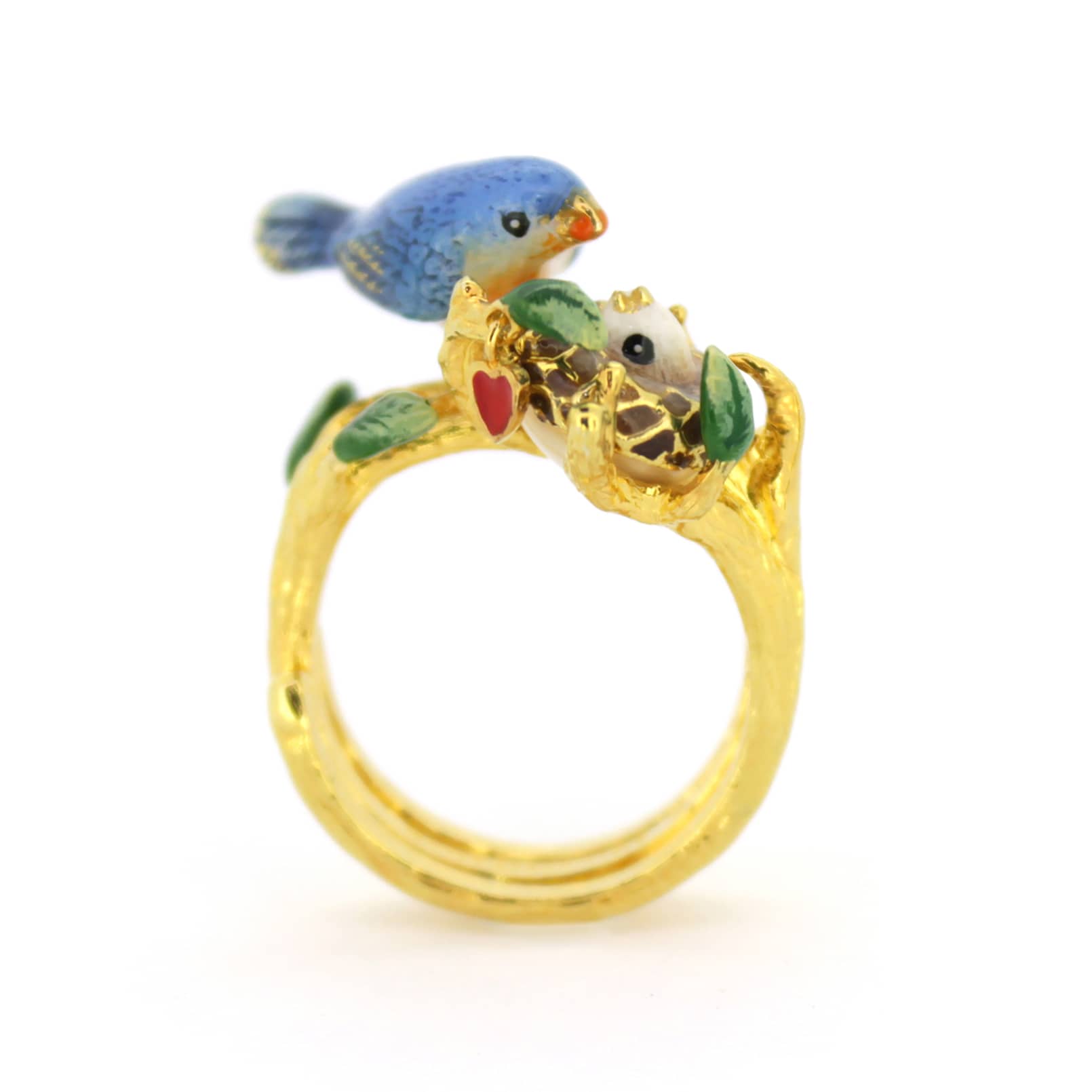 Gold ring featuring a blue bird and baby bird in the nest design.