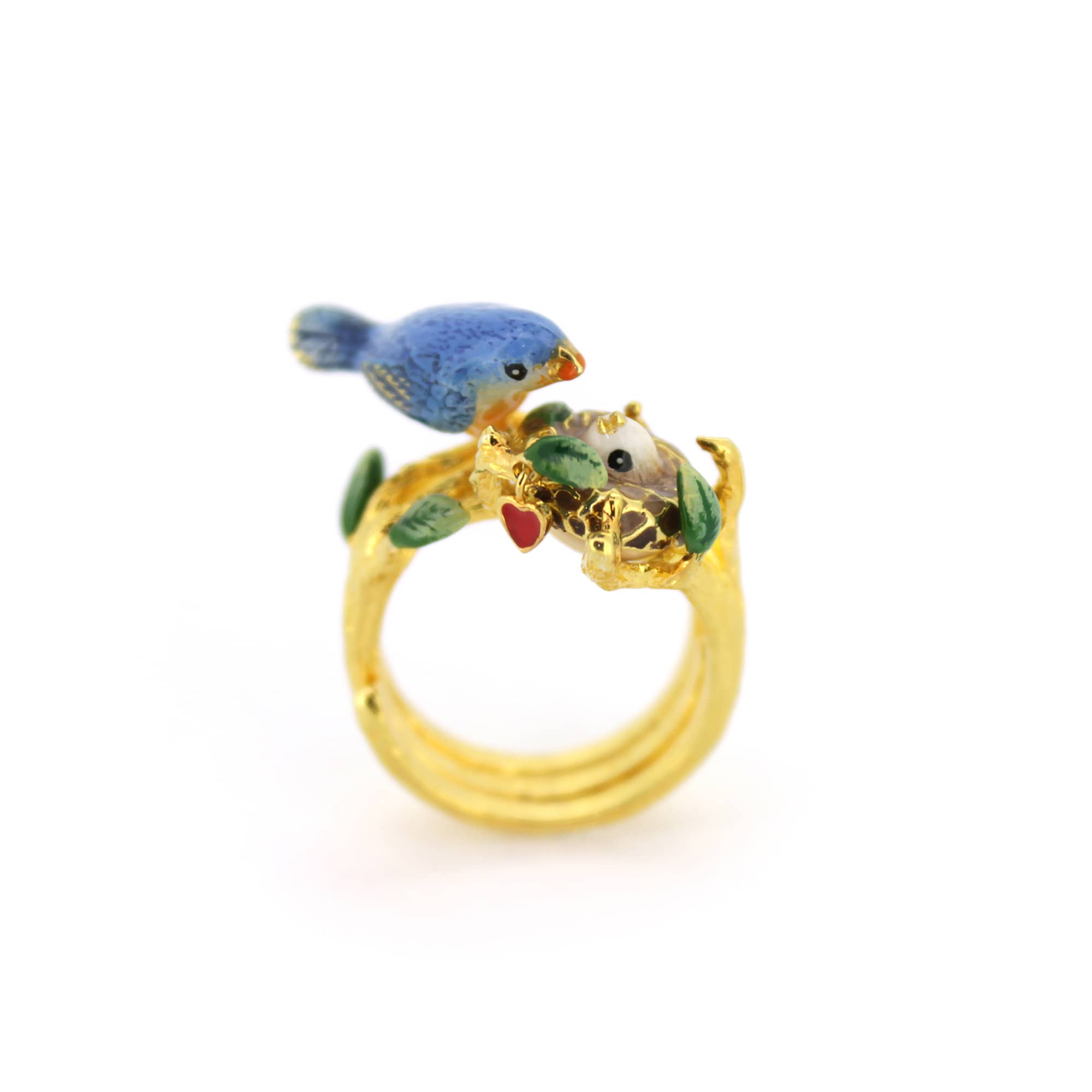 Beautifully crafted ring featuring a blue bird and baby bird in the nest design.