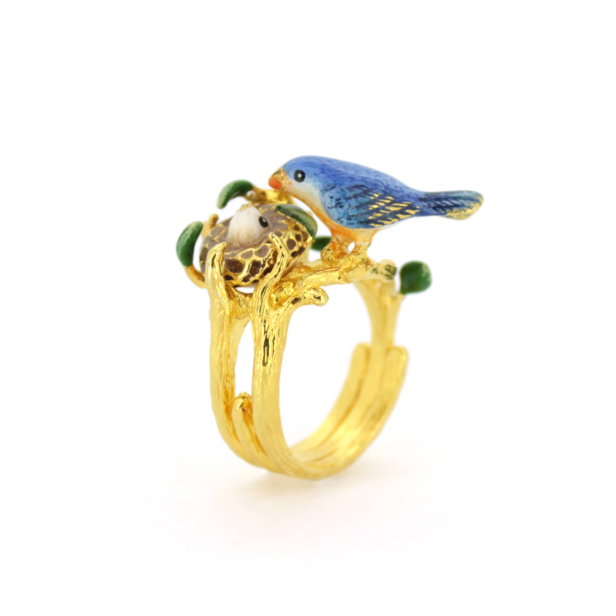 Beautifully crafted ring featuring a blue bird and baby bird in the nest design.