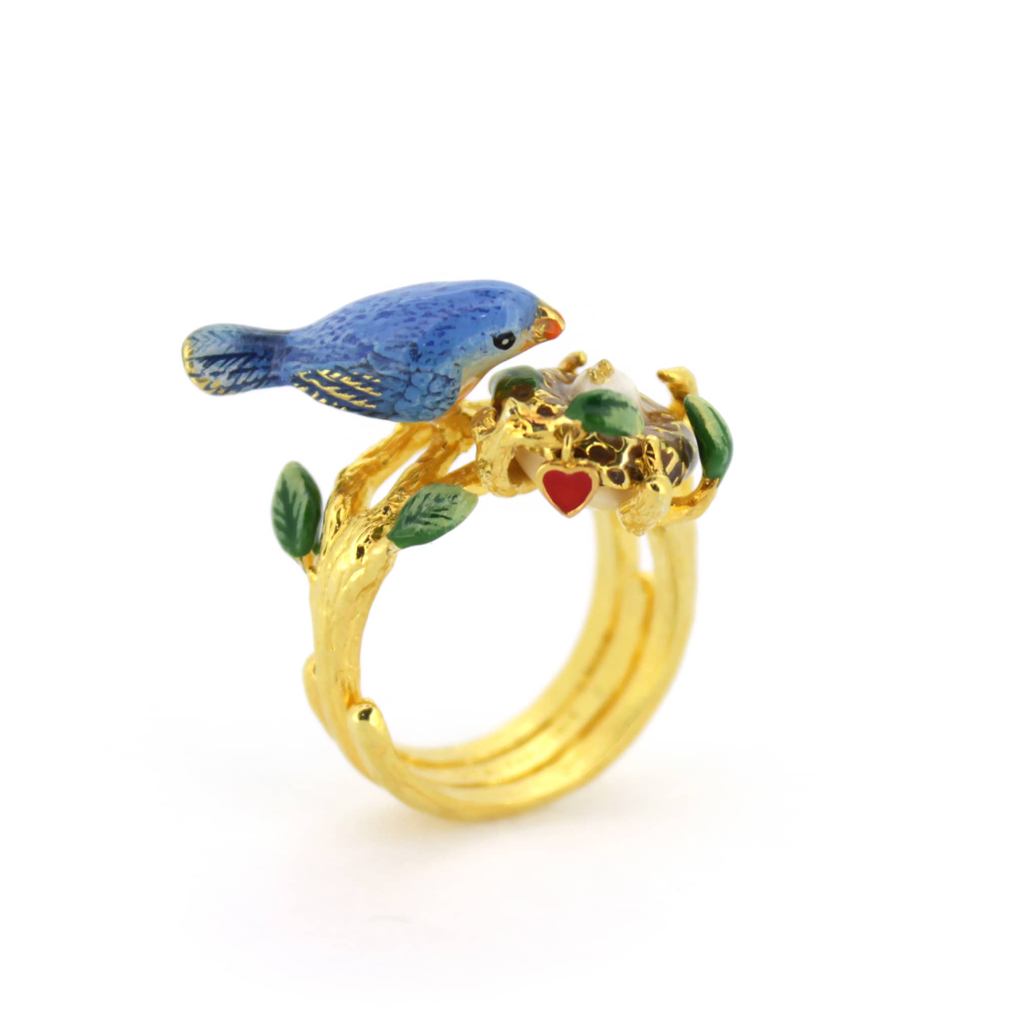 Beautifully crafted ring featuring a blue bird and baby bird in the nest design.