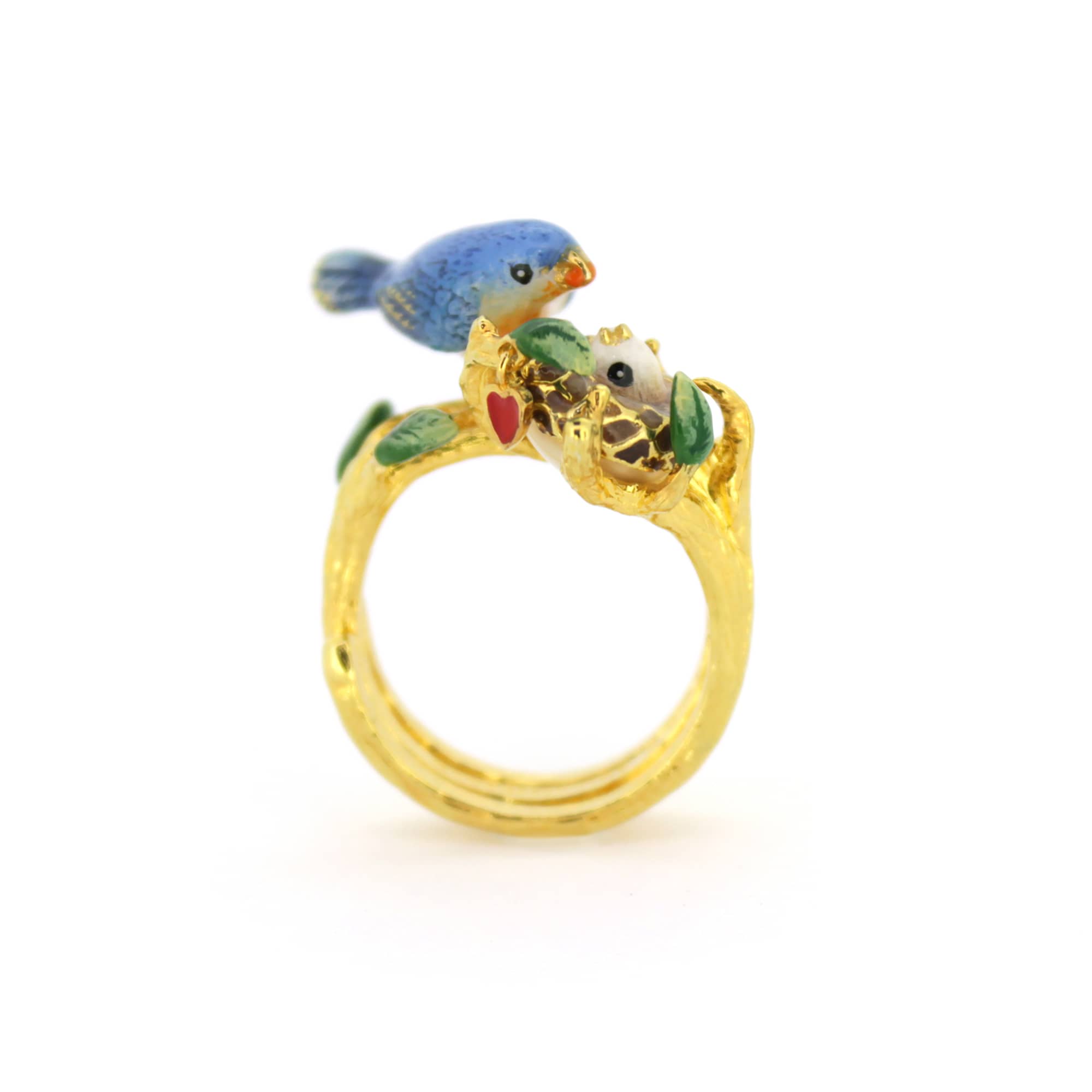 Beautifully crafted ring featuring a blue bird and baby bird in the nest design,  perfect for animal lovers.