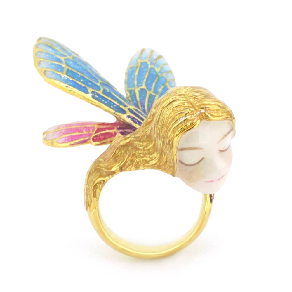 A beautifully crafted fairy ring featuring colorful wings and a delicate face, perfect for fantasy-themed jewelry lovers.