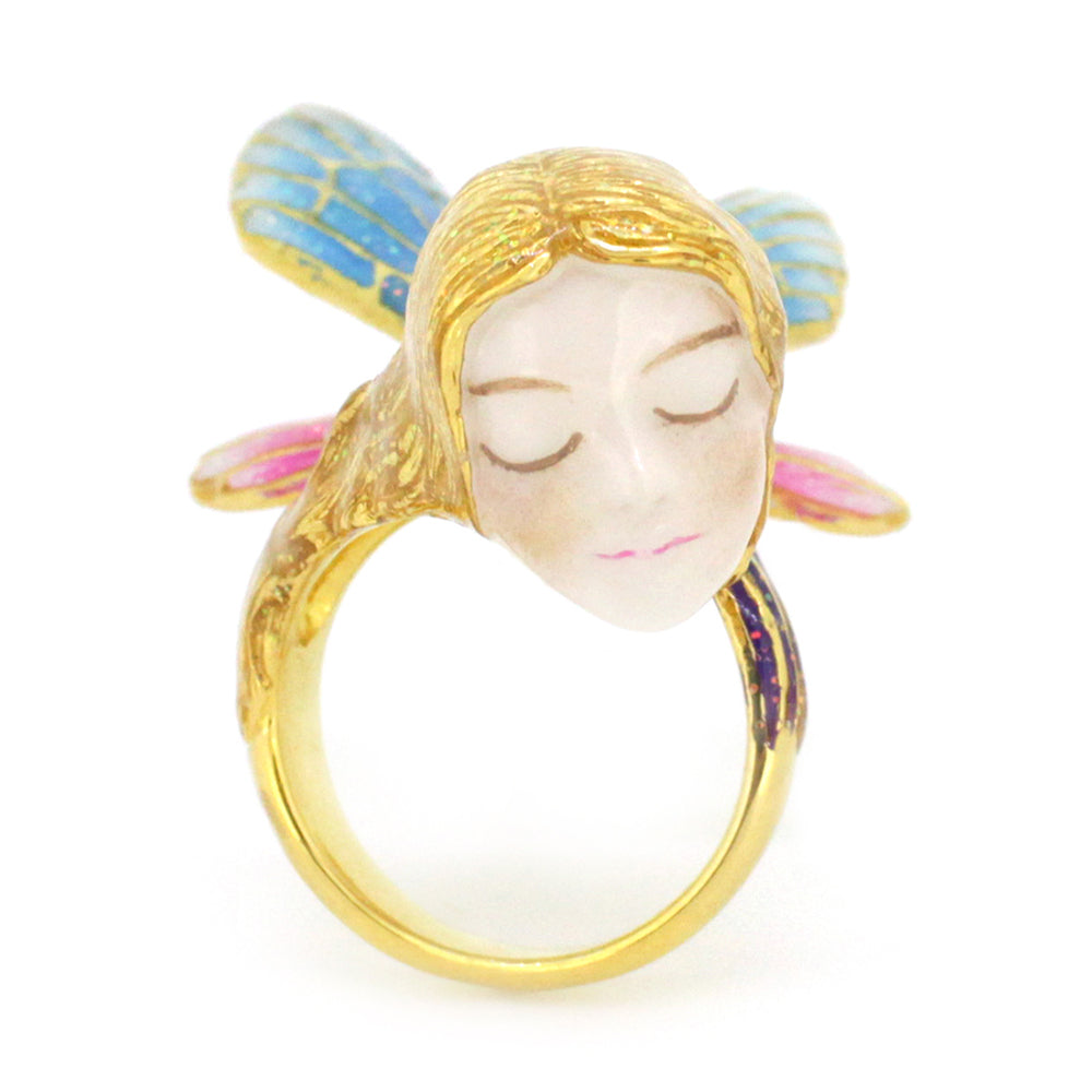 Artistic fairy ring designed with a serene expression and stunning blue and pink wings.