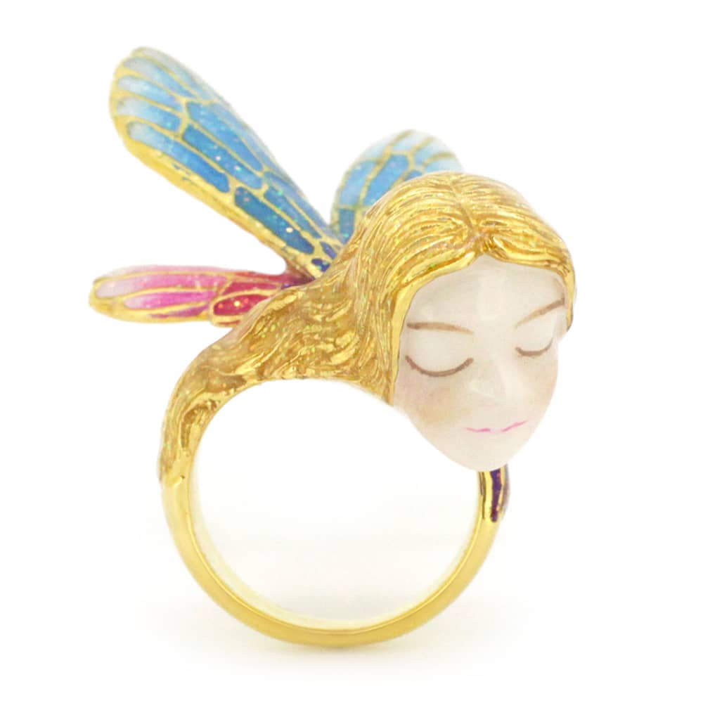 A beautifully crafted fairy ring featuring colorful wings and a delicate face