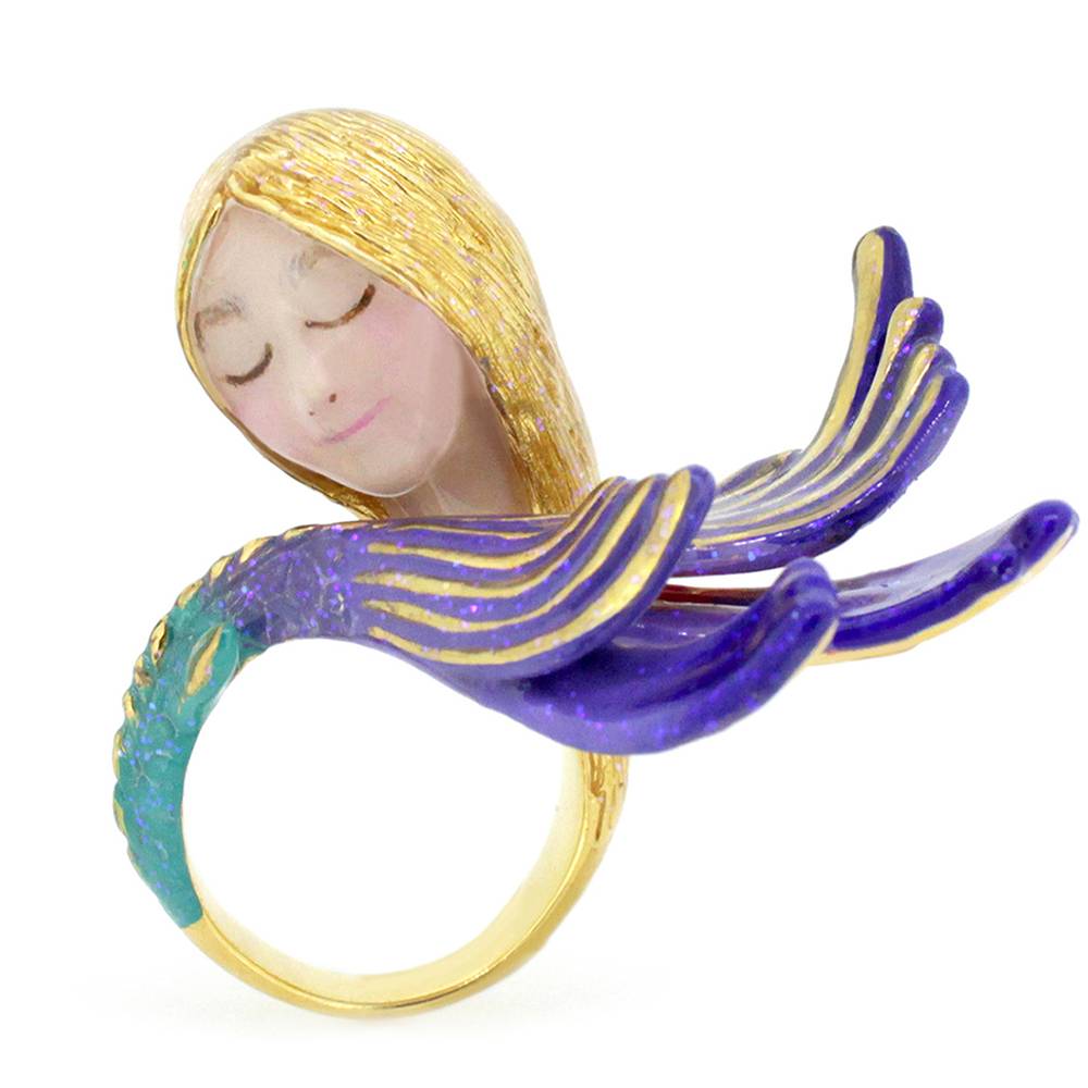 A fantasy ring featuring a mermaid design with delicate face and flowing golden hair, perfect for lovers of unique jewelry.