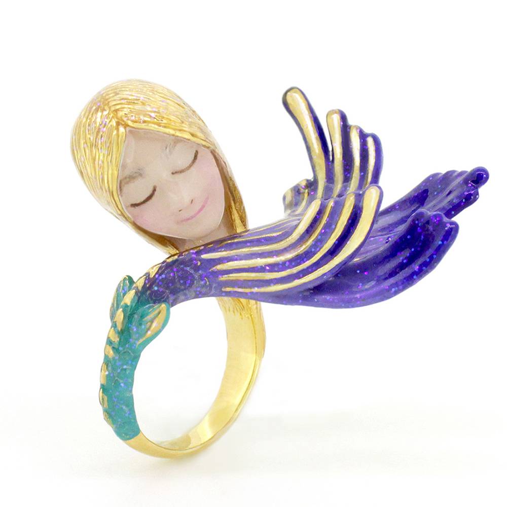 A fantasy ring featuring a mermaid design with delicate face and flowing golden hair, perfect for lovers of unique jewelry.