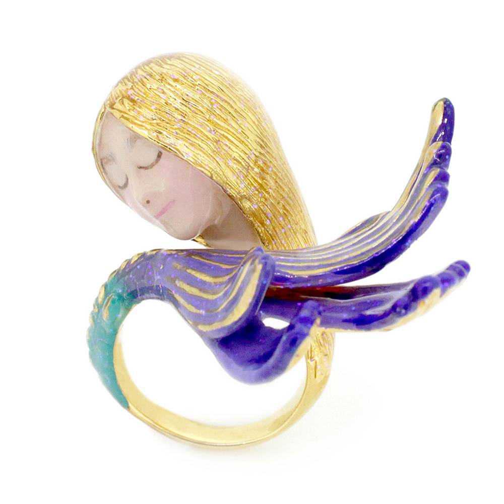 A whimsical ring featuring a mermaid design with delicate face and flowing golden hair, perfect for lovers of unique jewelry.