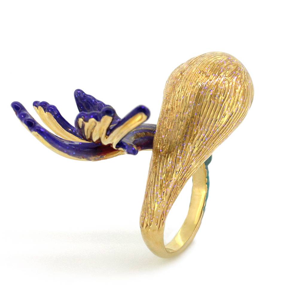 A whimsical ring featuring a mermaid design with delicate face and flowing golden hair, perfect for lovers of unique jewelry.