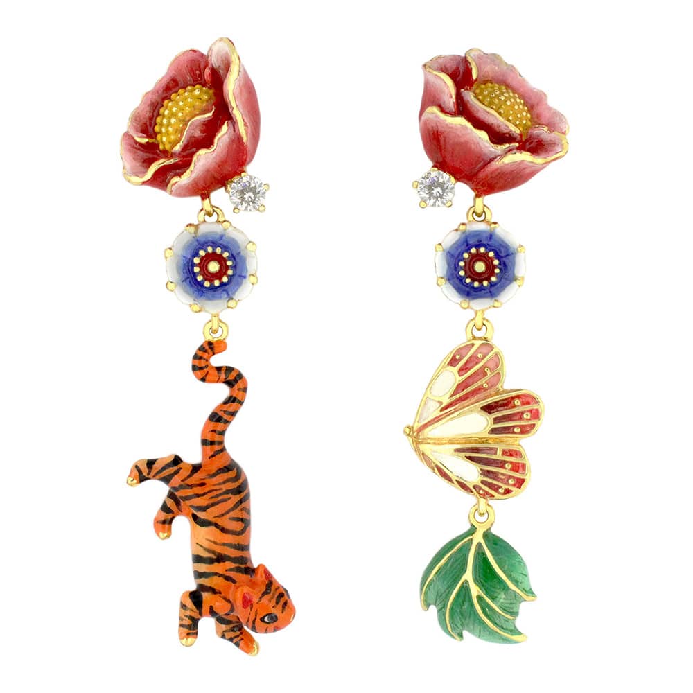 Artistic earrings showcasing intricate designs with a tiger suspended below a floral motif, the other earring features a red butterfly and a green leaf design.