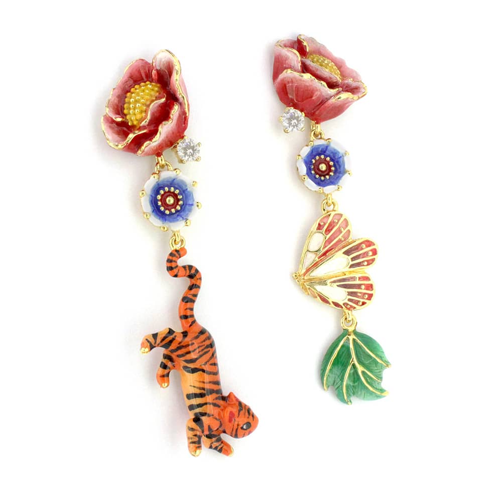 Beautifully crafted earrings with a tiger, a butterfly, and a leaf design.