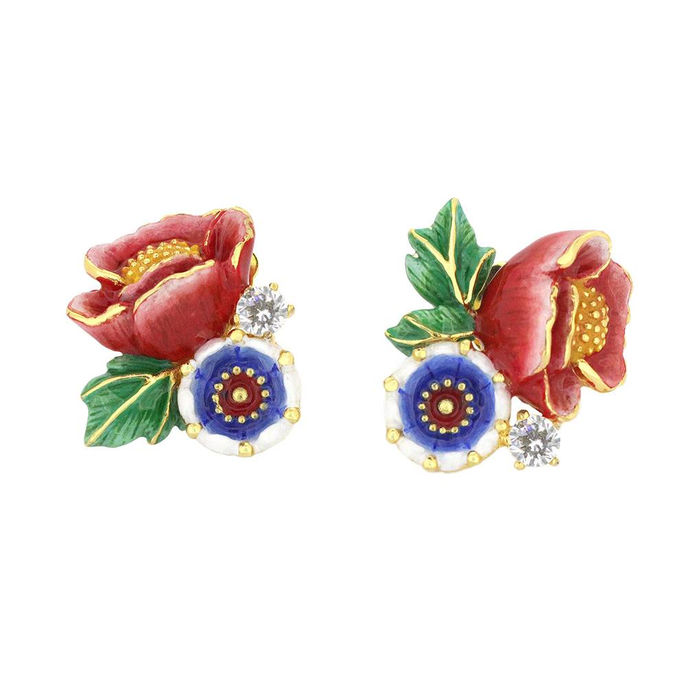 Colourful floral earrings featuring red roses, blue accents, and sparkling stones.