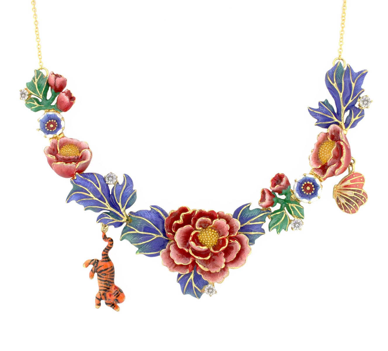 A vibrant statement necklace featuring floral designs, red and blue flowers, and a small detailed tiger and butterfly charm.