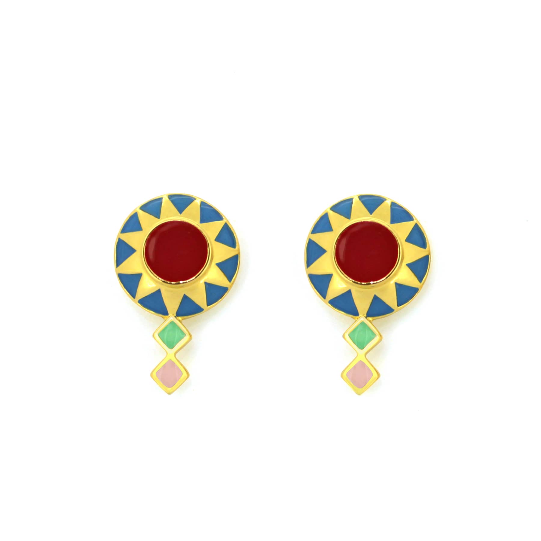 Colorful earrings designed like flowers featuring with red and blue colors, inspired by spring.