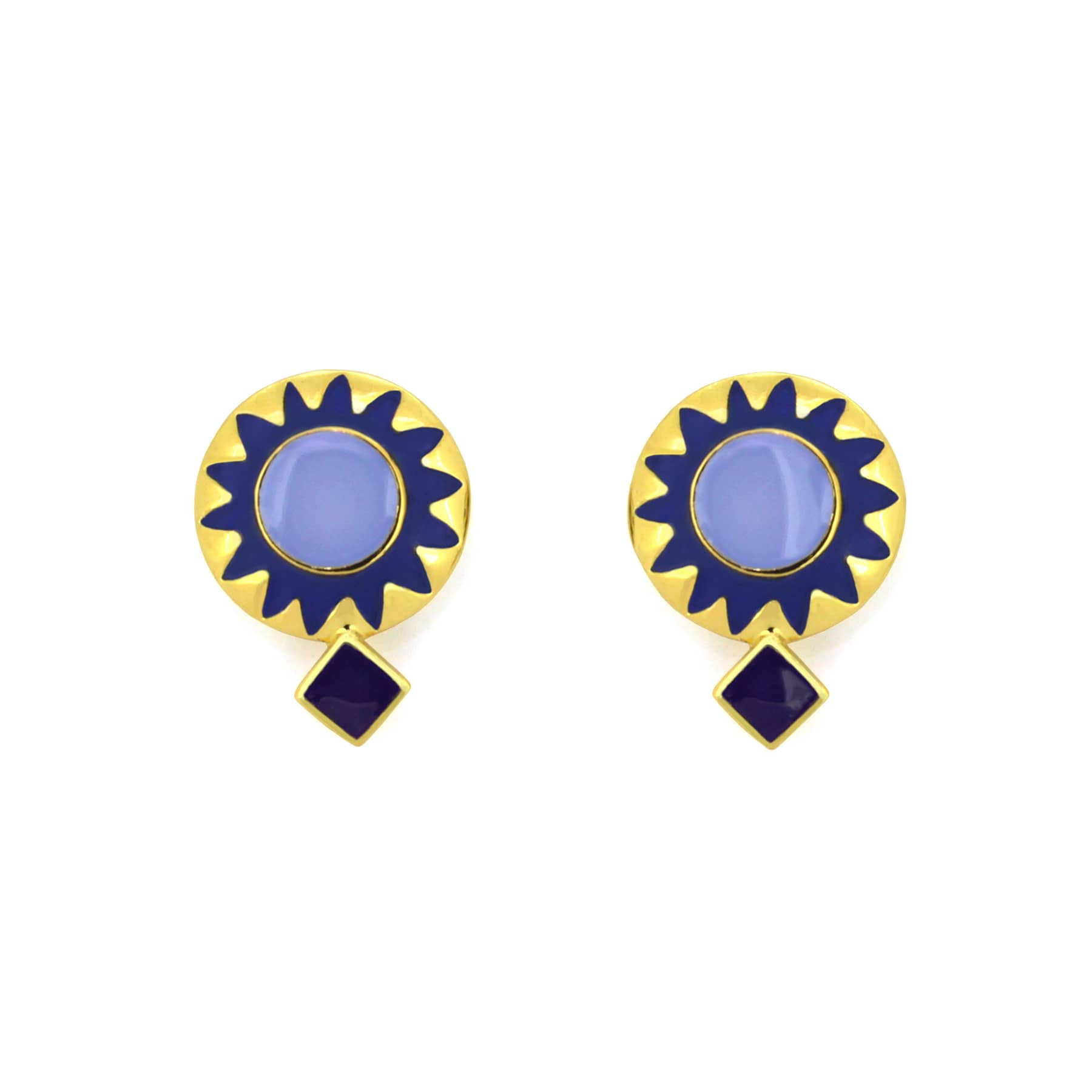 Unique earrings with a sunburst design featuring with lavender and blue colors, inspired by winter.