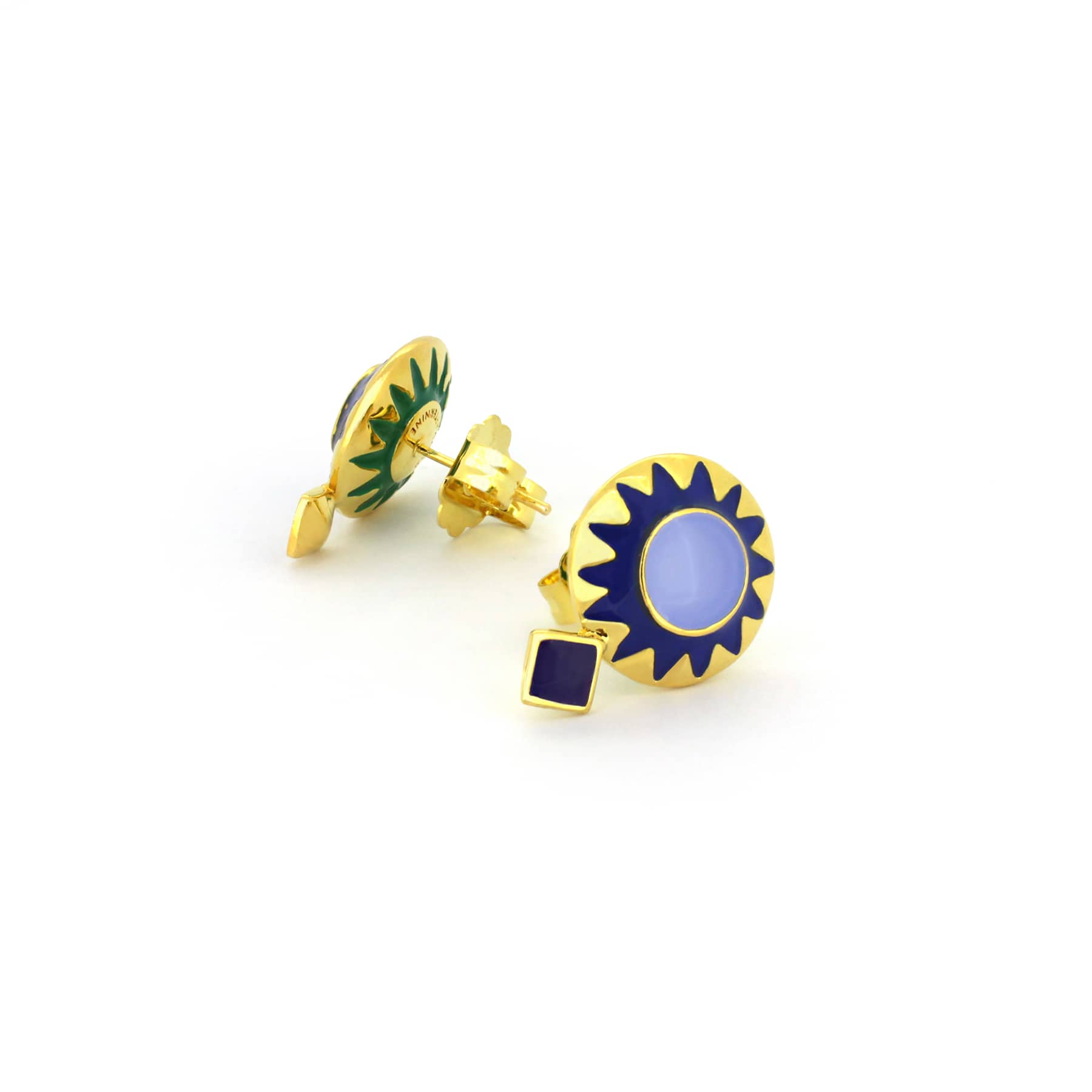 Gold earrings with a sunburst design featuring with lavender, blue and green colors, inspired by winter.