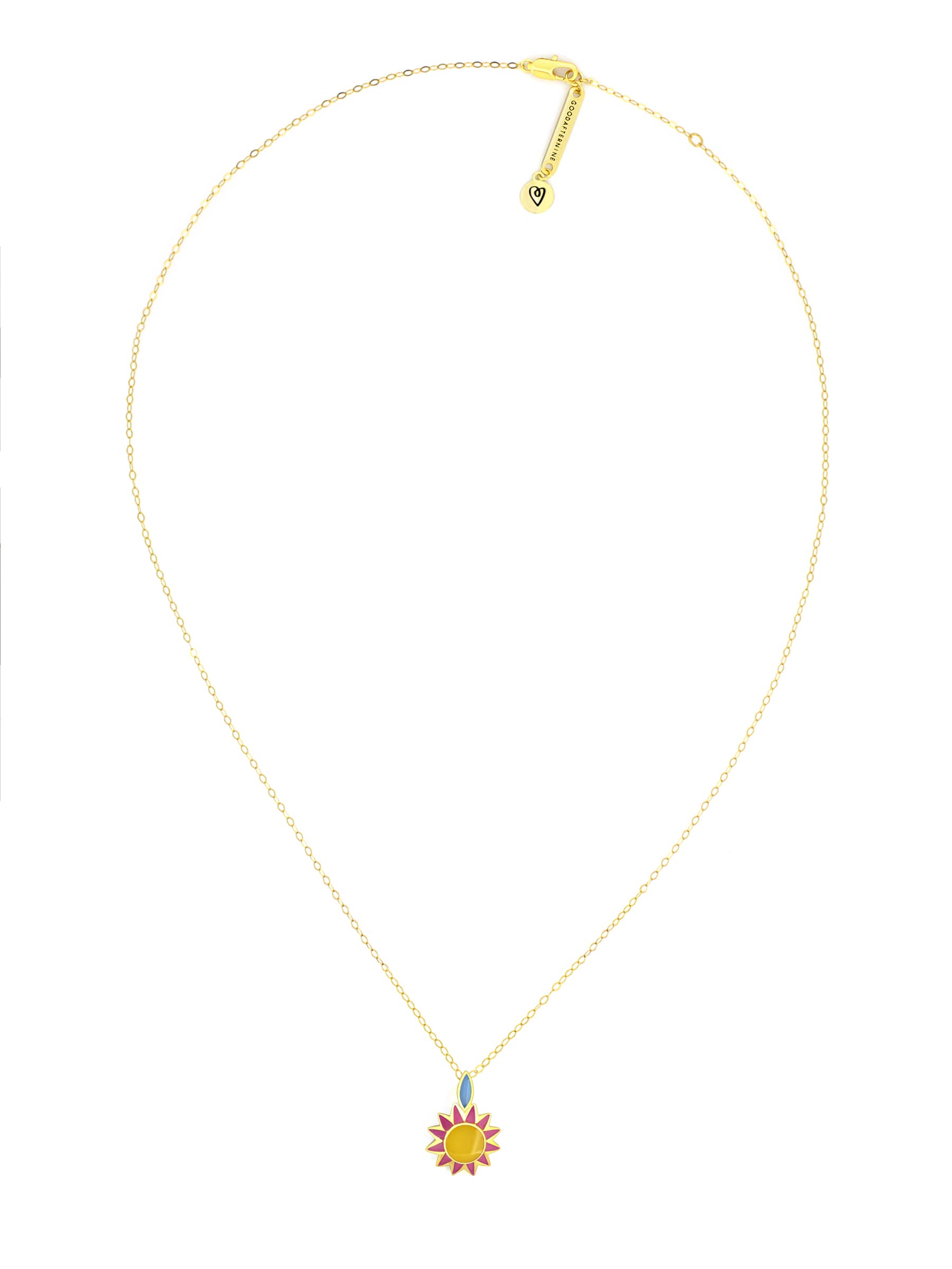 Unique gold necklace featuring  unique charm with yellow, pink, and blue, inspired by summer.