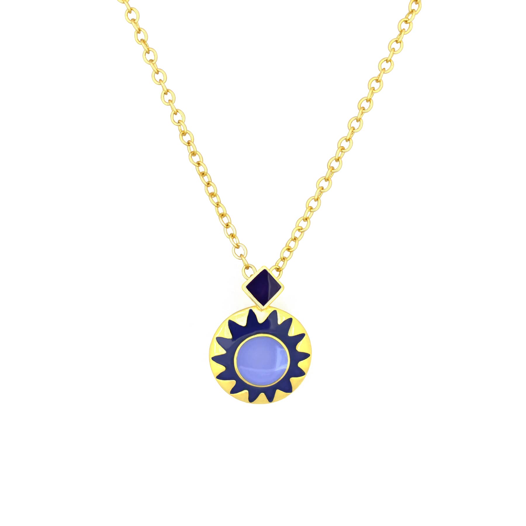 Nature-inspired winter necklace featuring a pendant with a sunburst design in lavender and blue colors with gold accents.