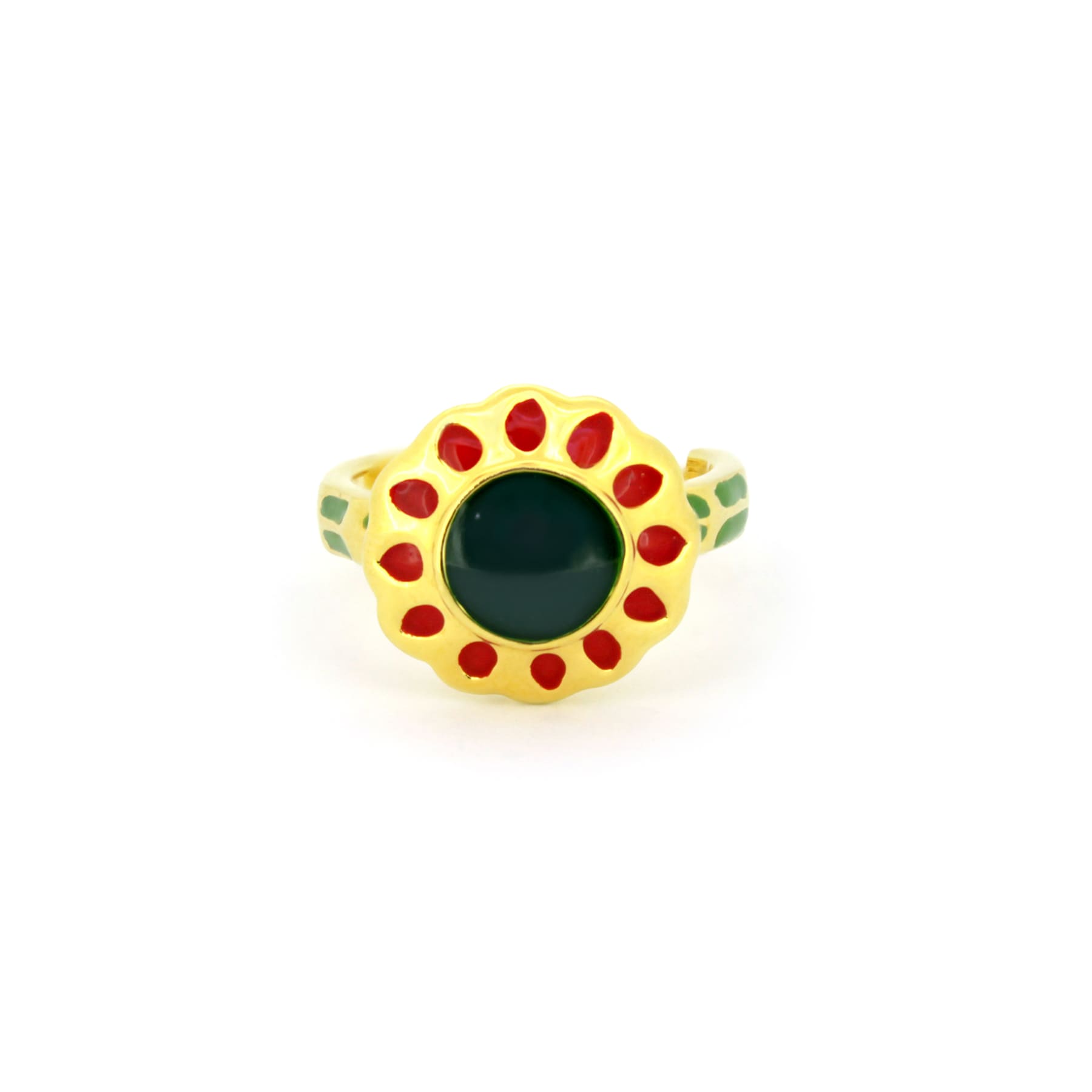 Nature-inspired autumn ring with green and red accents.