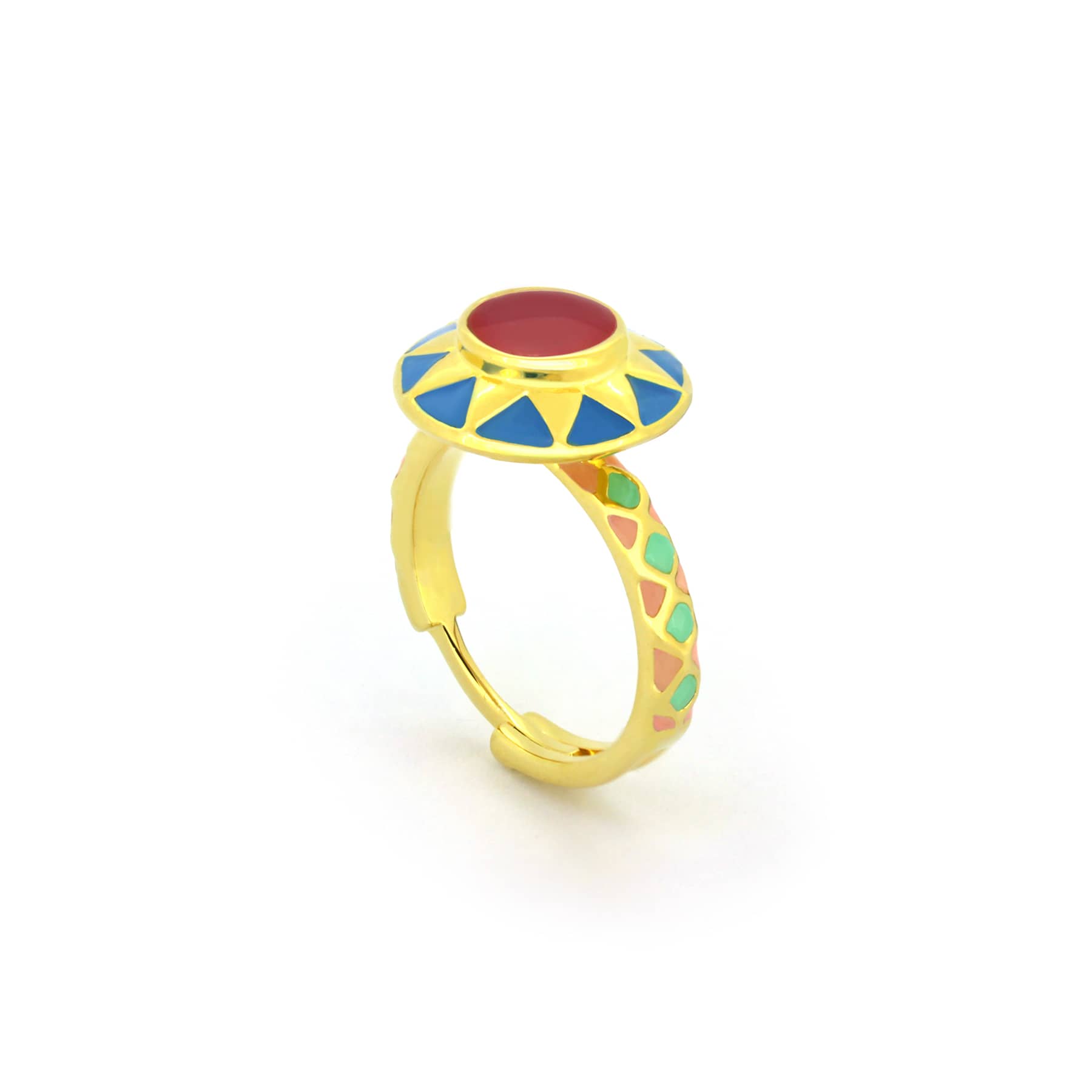 Nature-inspired spring ring with blue and red accents, perfect for seasonal fashion.