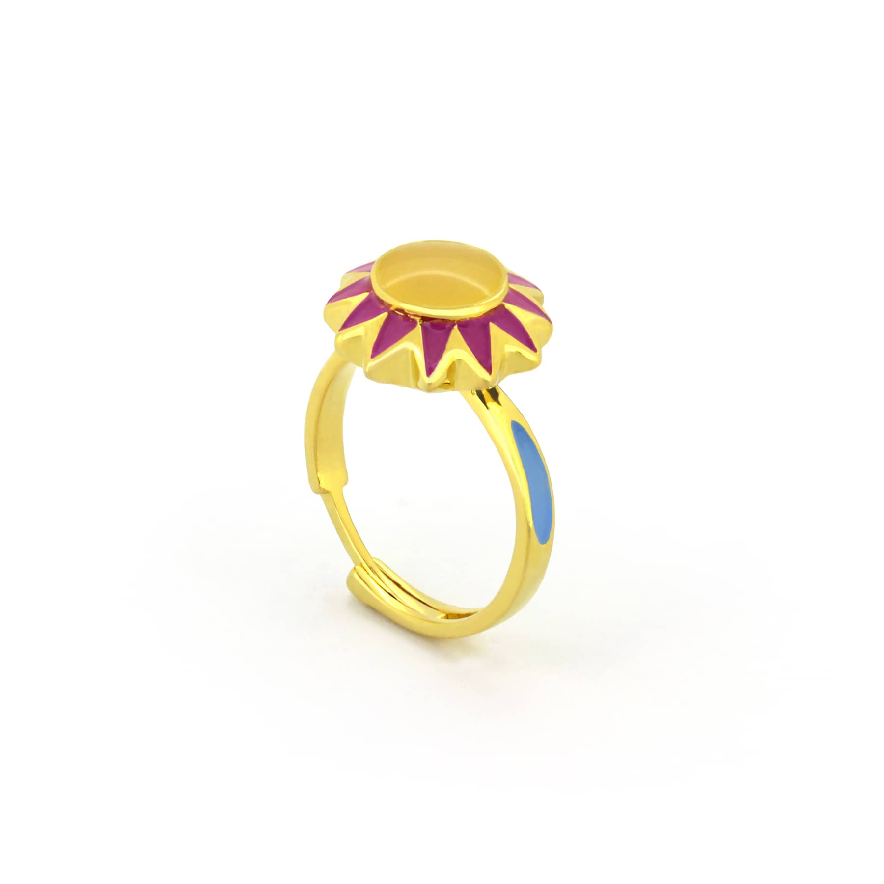 Colorful  ring shaped like flowers with yellow, pink, and blue accents, perfect for summer outfit. 