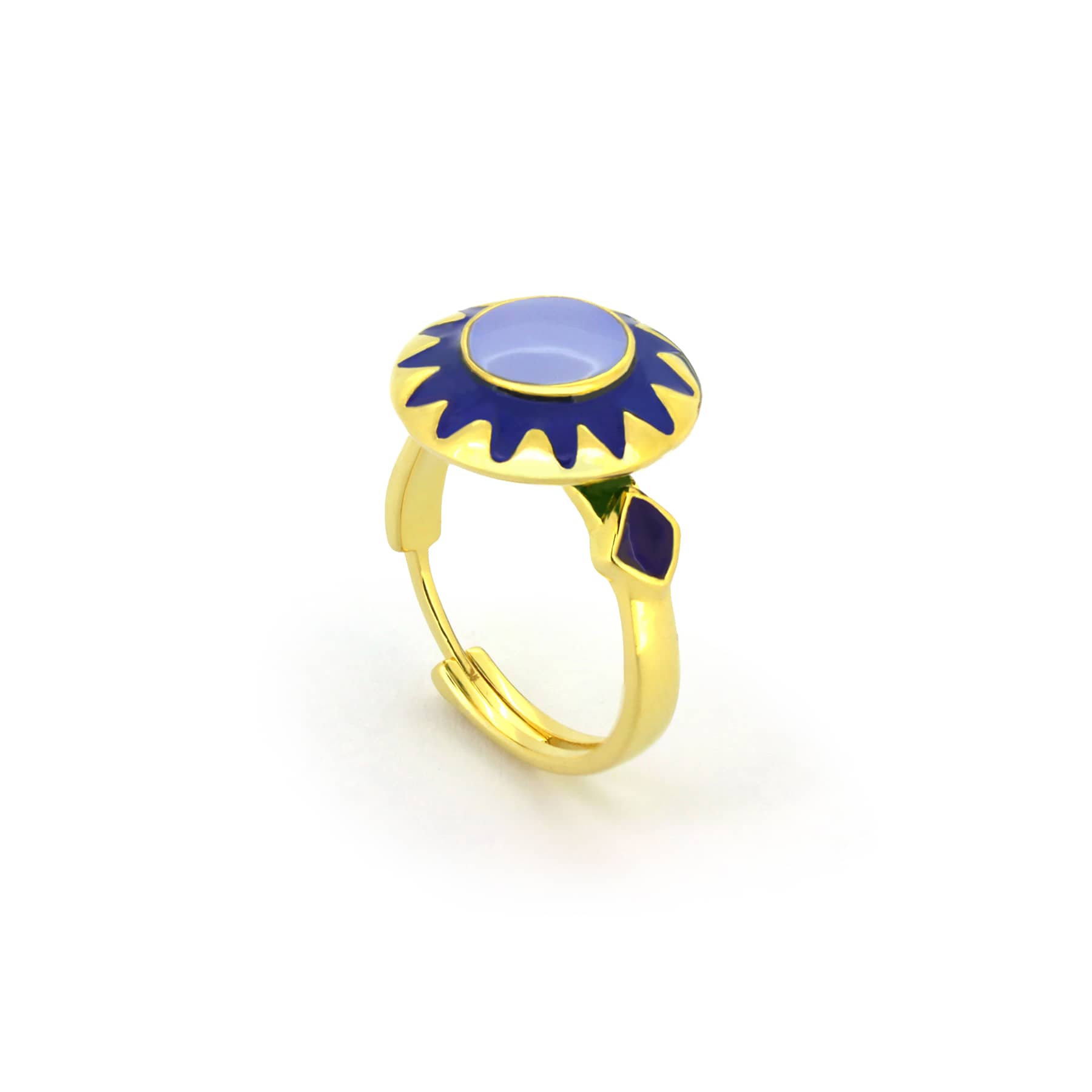 Nature-inspired gold ring with lavender and blue accents.