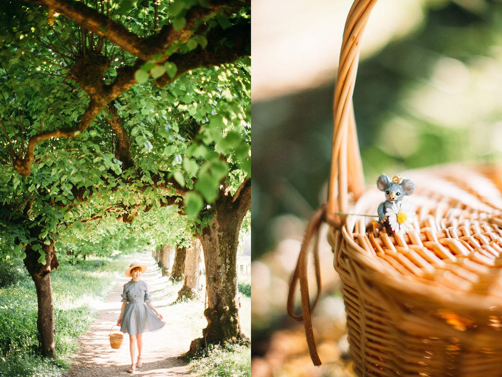 A woman in a blue dress walks under leafy trees, holding a wicker basket with a small koala pendant necklace on it.