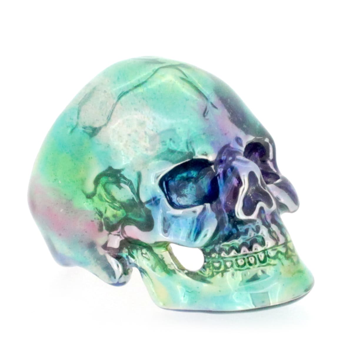 Skull design ring with enamel paint inspired by the aurora.