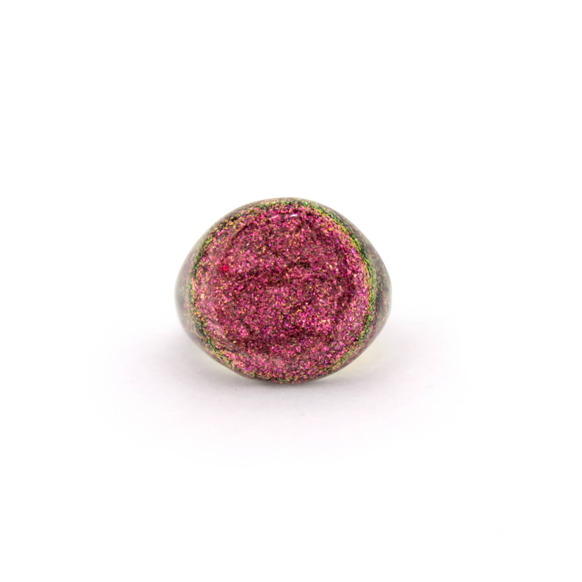 Unique pink and green shimmering enamel ring inspired by the sky.