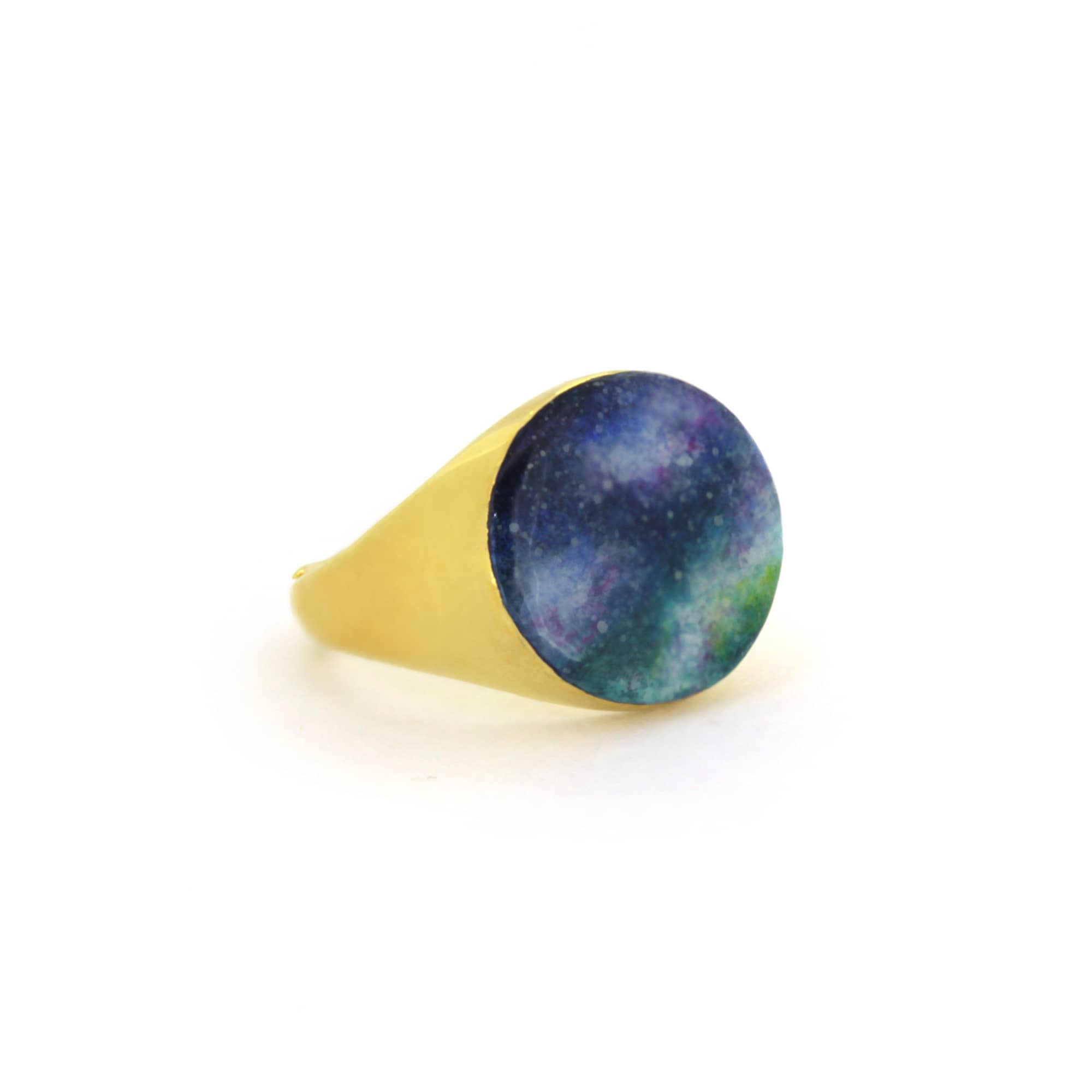 Hand-painted ring inspired by the colors of the sky, featuring a dark blue to green gradient