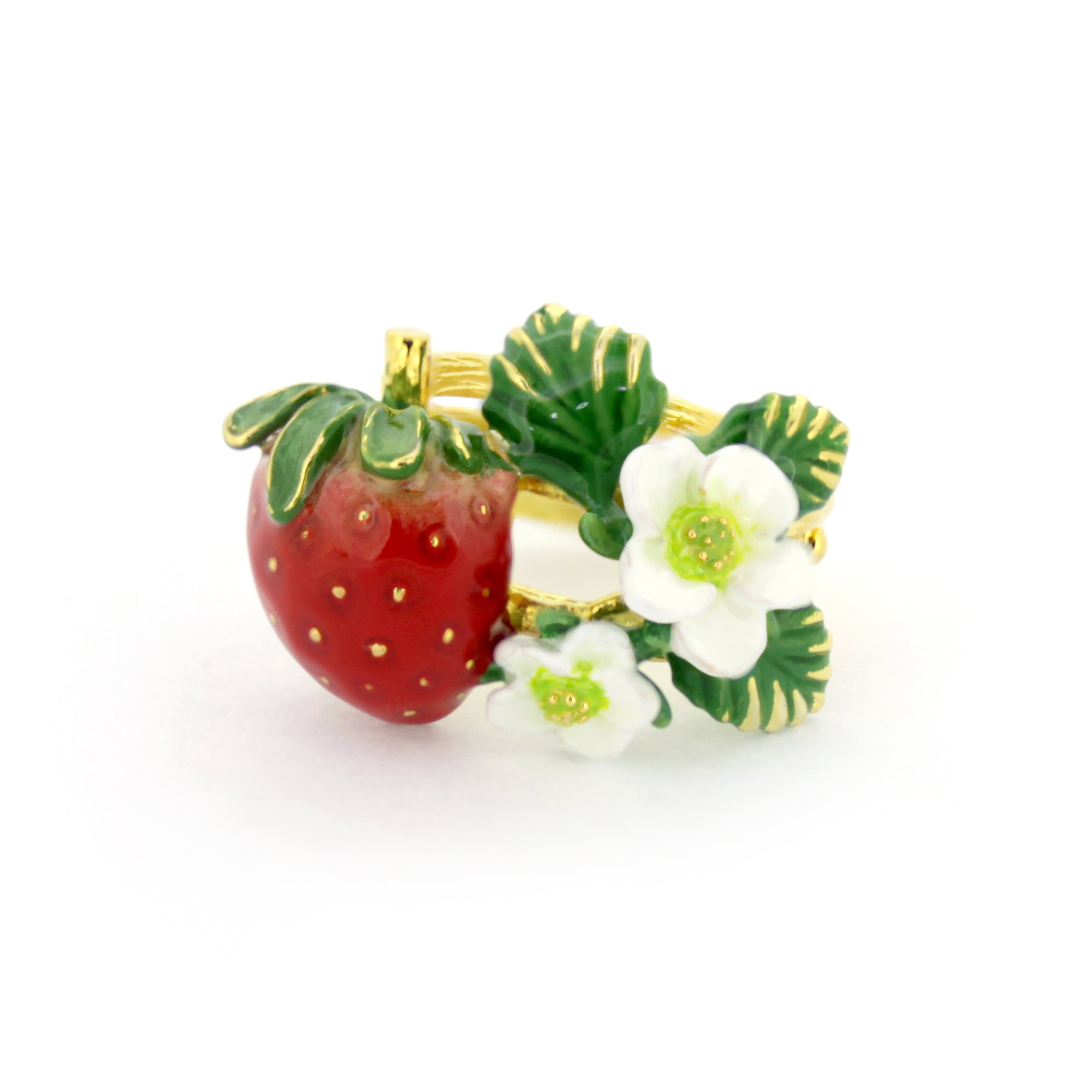 Gold ring featuring bright  red strawberries and delicate white flowers with green leaves.