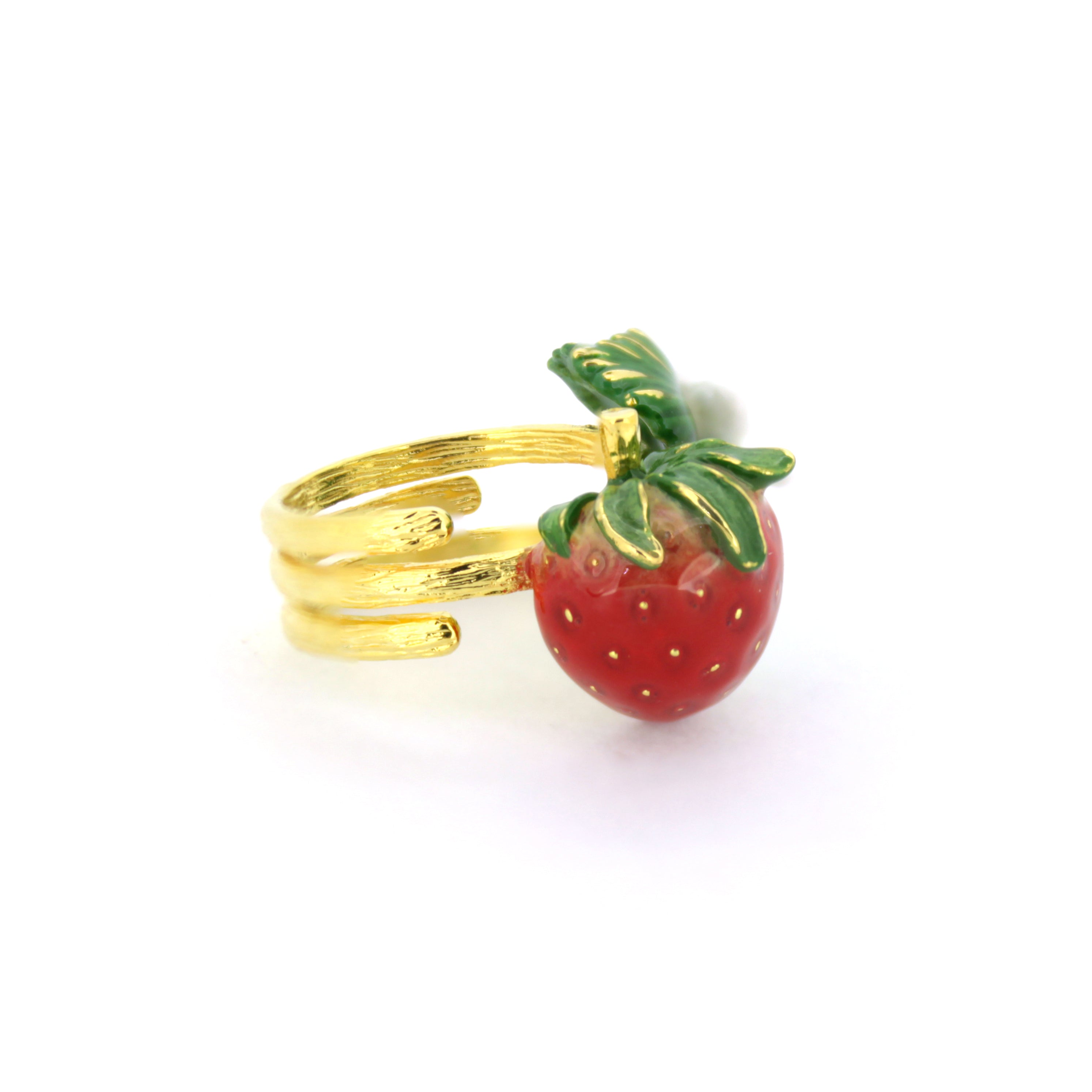 Handcrafted gold ring featuring bright red strawberries and delicate white flowers with green leaves.