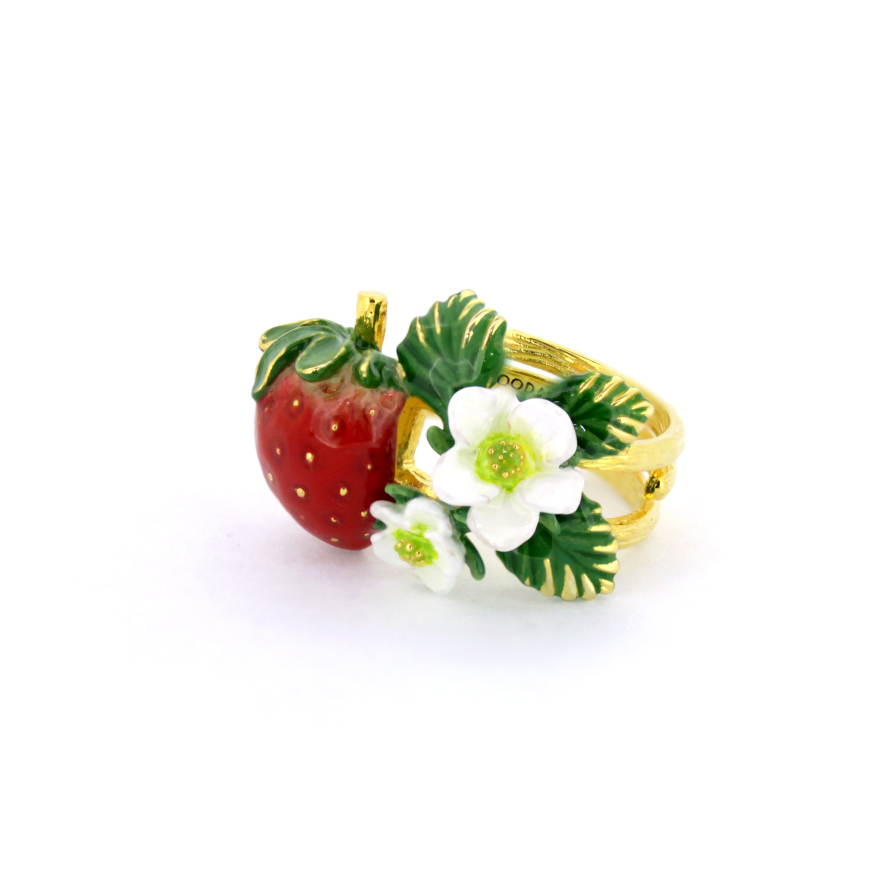 Beautiful ring featuring red strawberries and delicate white flowers with green leaves.