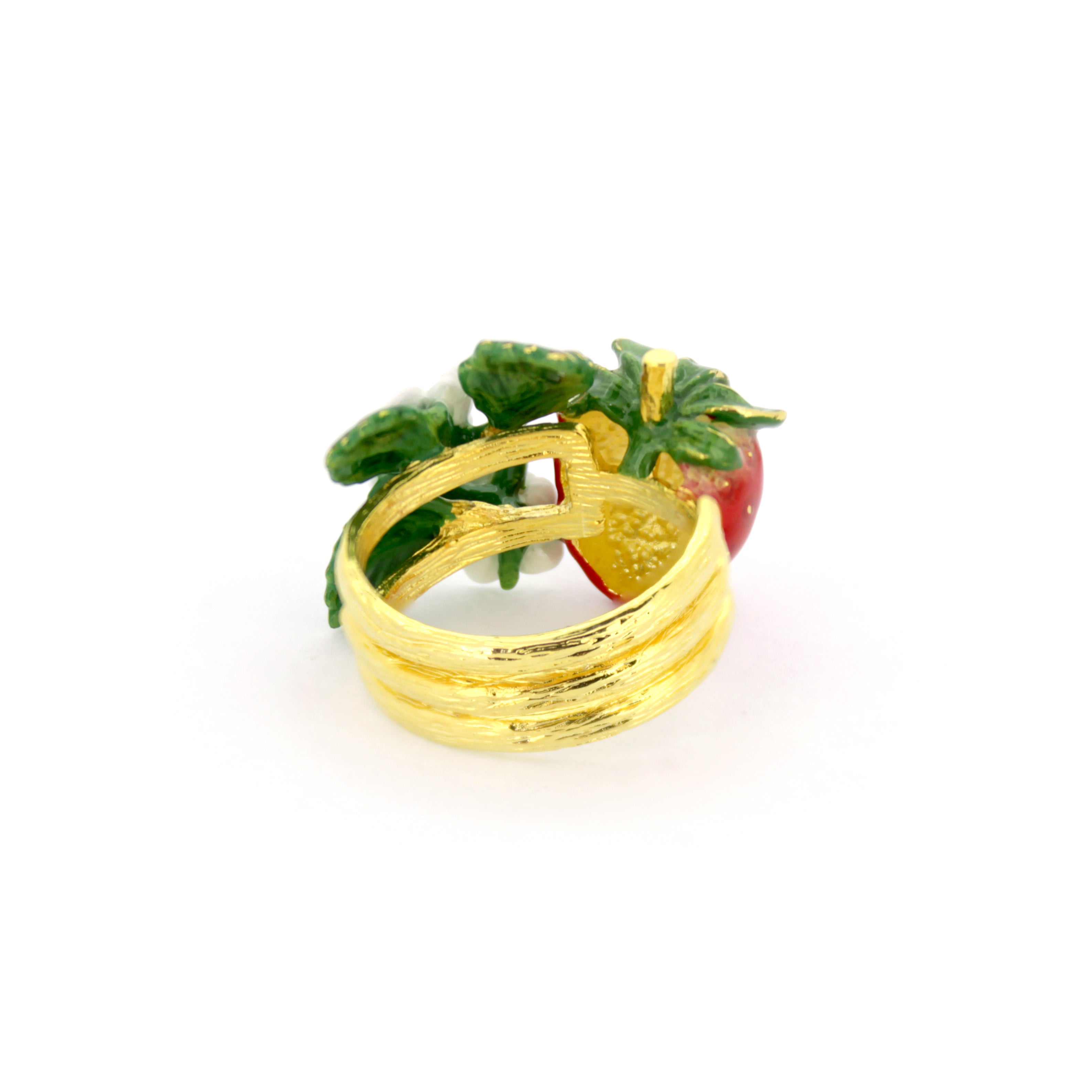 Charming ring featuring bright red strawberries and delicate white flowers with green leaves.