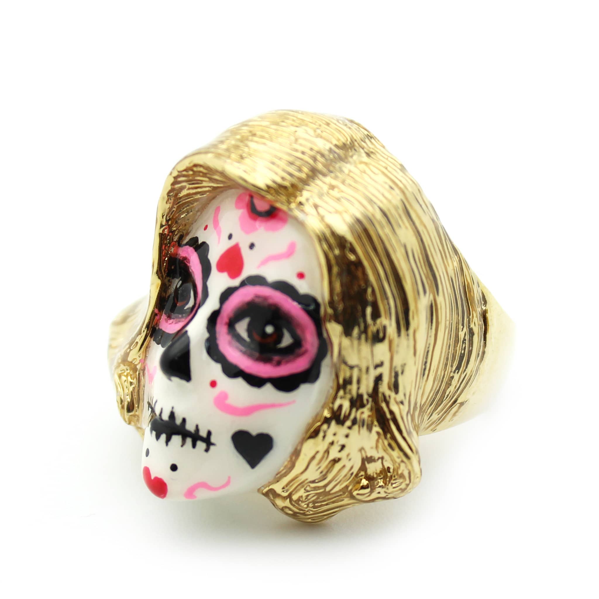 Beautiful hand-painted ring featuring a mask with a skull motif, a blonde wig, vibrant pink and black face paint, and heart-shaped patterns.