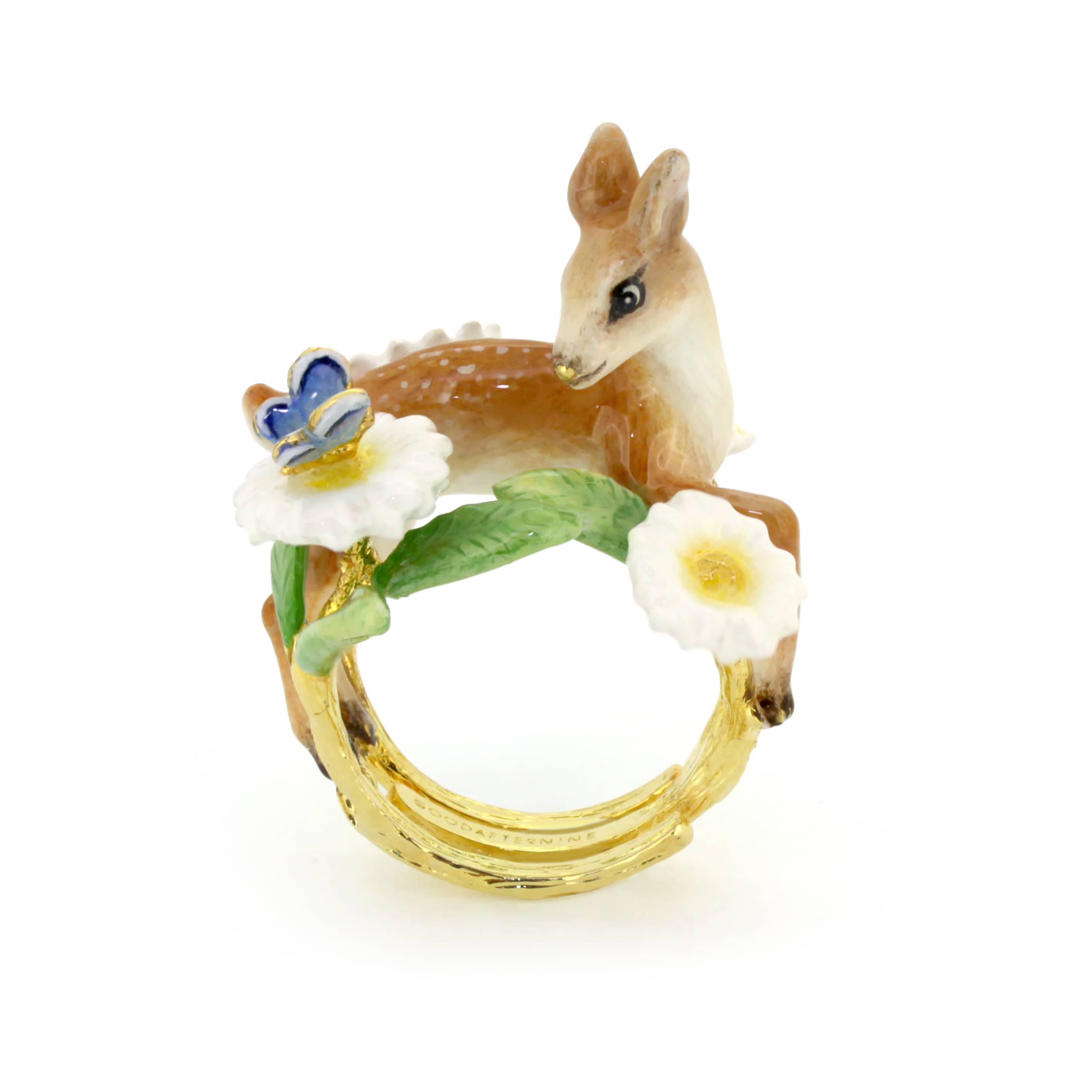 A beautifully crafted ring featuring a deer, a butterfly and floral design.