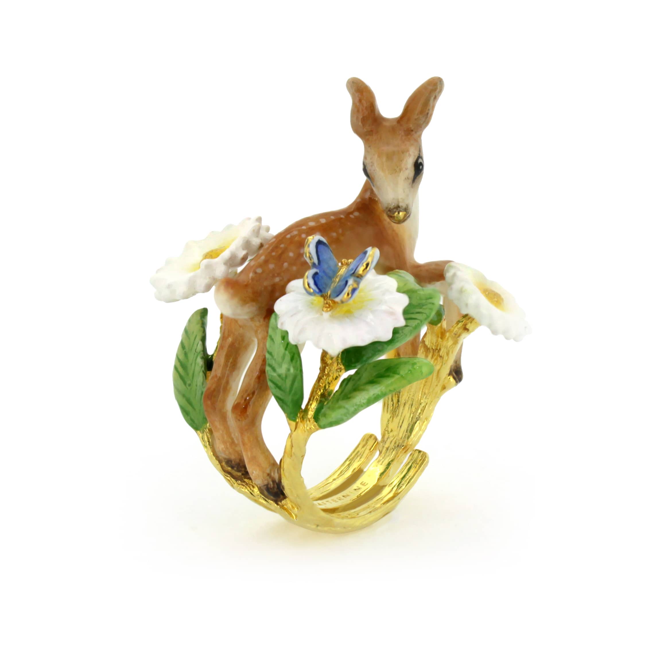 A beautifully crafted ring featuring a deer, a butterfly and floral design.